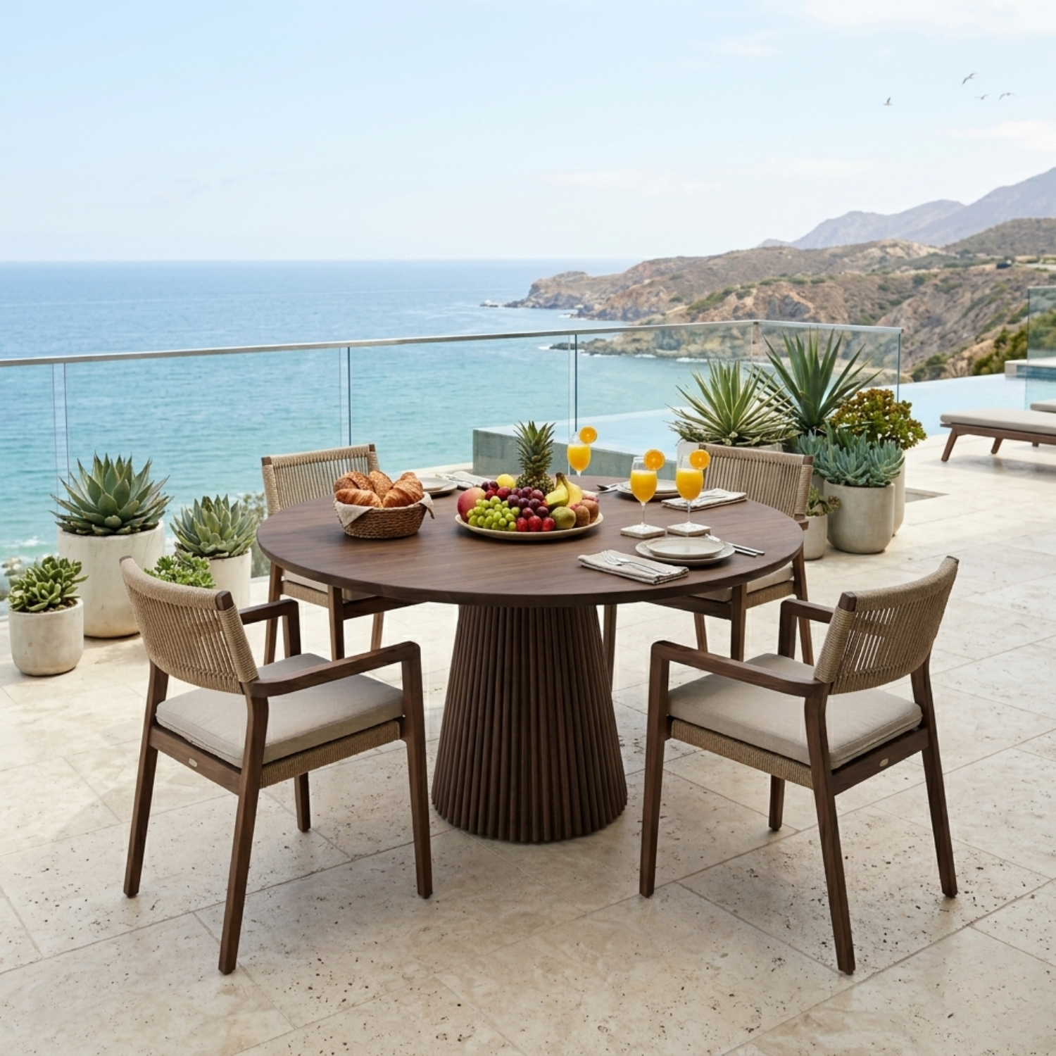 Round Solid Wood Outdoor Dining Table with Fluted Pedestal Base
