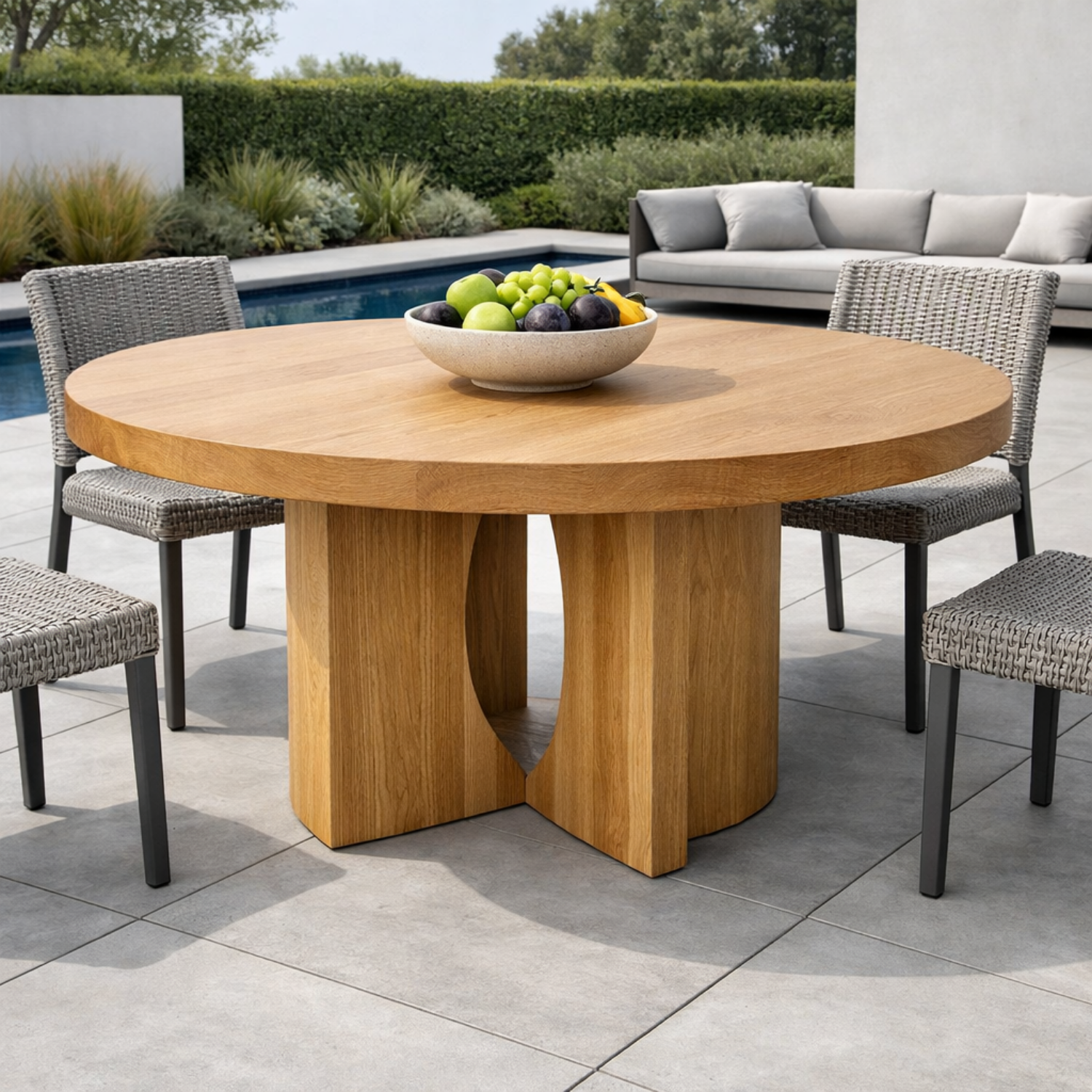 Round Solid Wood Outdoor Dining Table with Sculptural Dual Pedestal Base