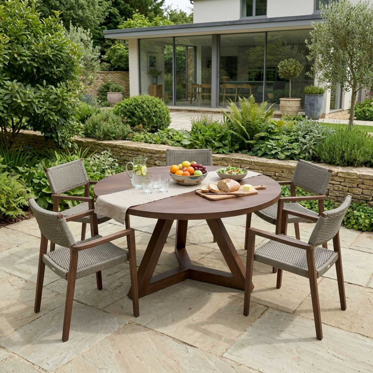 Round Solid Wood Outdoor Dining Table with Angular Cross Pedestal Base