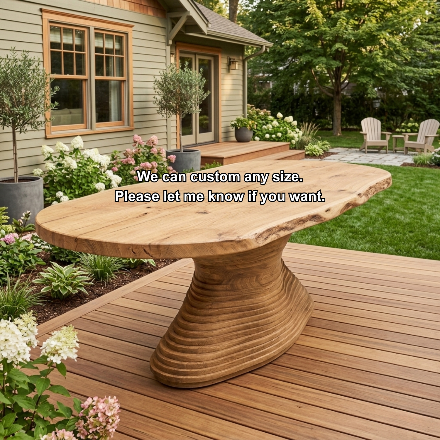 Live Edge Solid Wood Outdoor Dining Table with Sculptural Spiral Pedestal Base