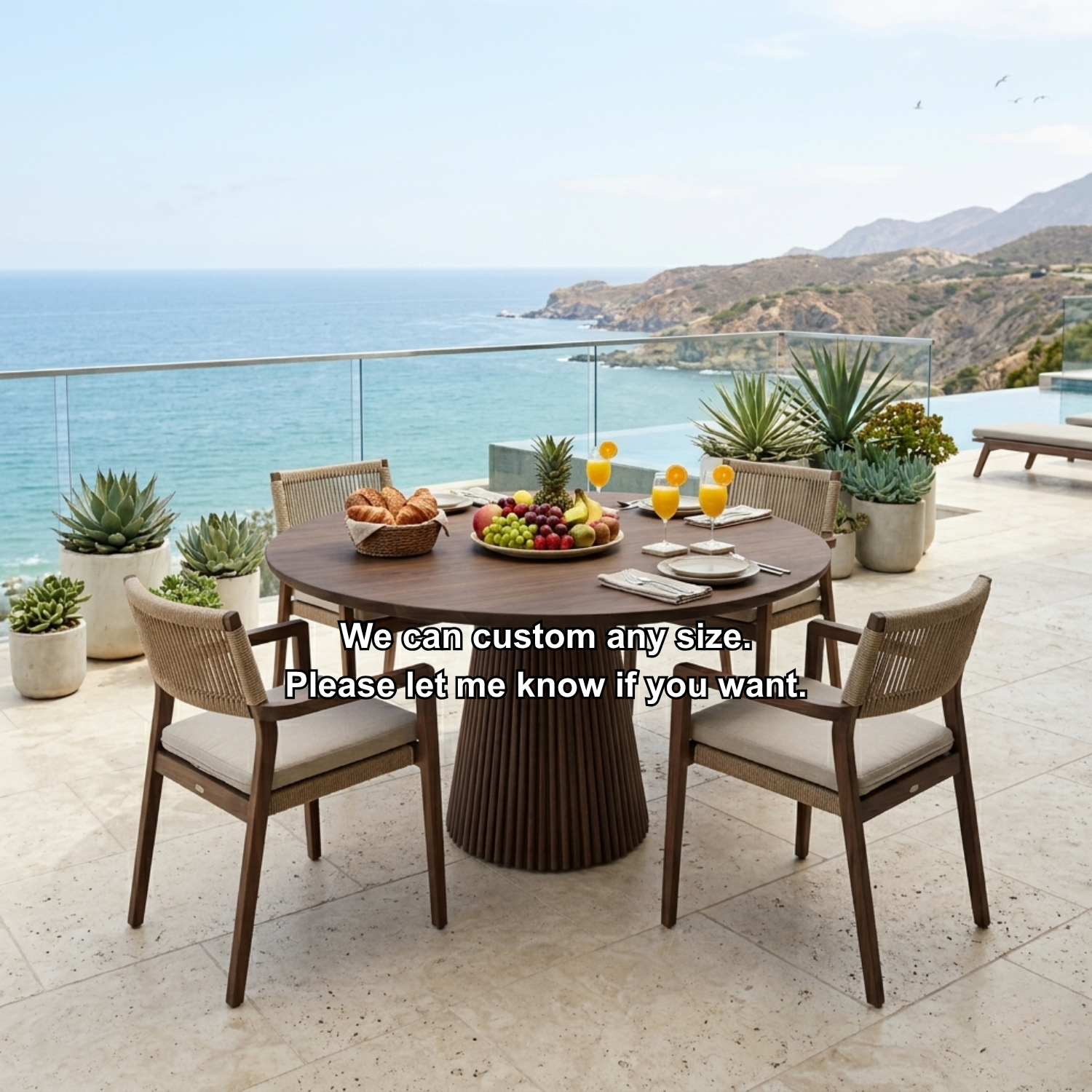 Round Solid Wood Outdoor Dining Table with Fluted Pedestal Base