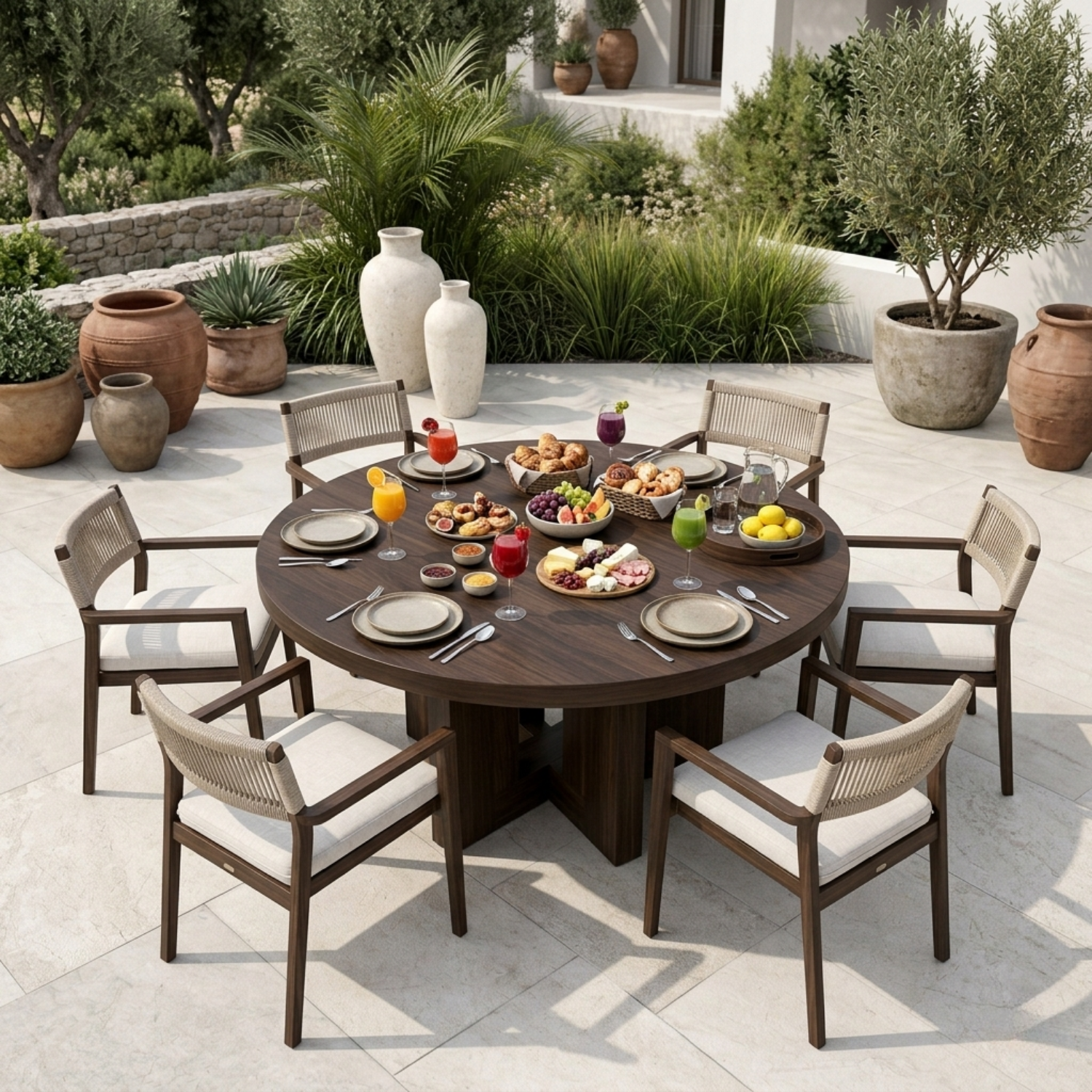 Round Solid Wood Outdoor Dining Table with Architectural Pedestal Base