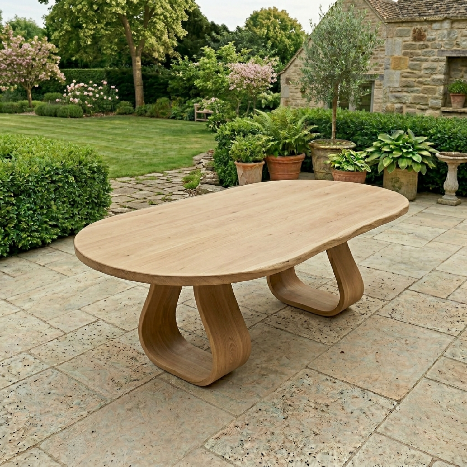 Solid Wood Outdoor Dining Table Oval Top with Sculptural Loop Base