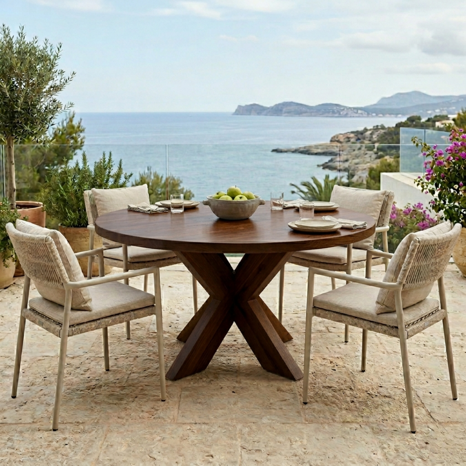 Round Solid Wood Outdoor Dining Table with Sculptural X Pedestal Base
