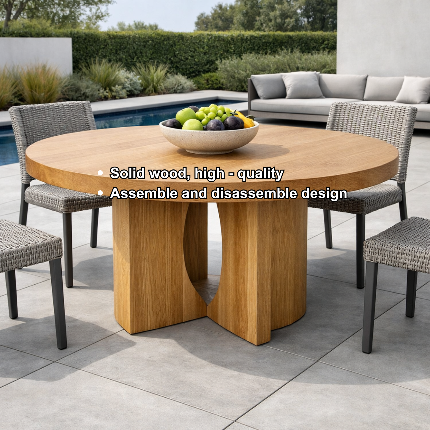 Round Solid Wood Outdoor Dining Table with Sculptural Dual Pedestal Base