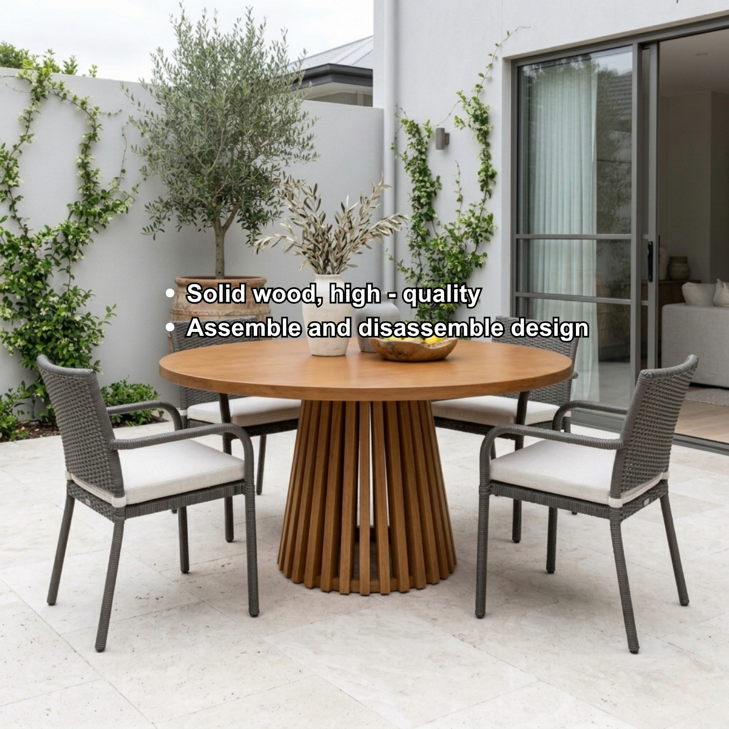Round Solid Wood Outdoor Dining Table with Slatted Pedestal Base