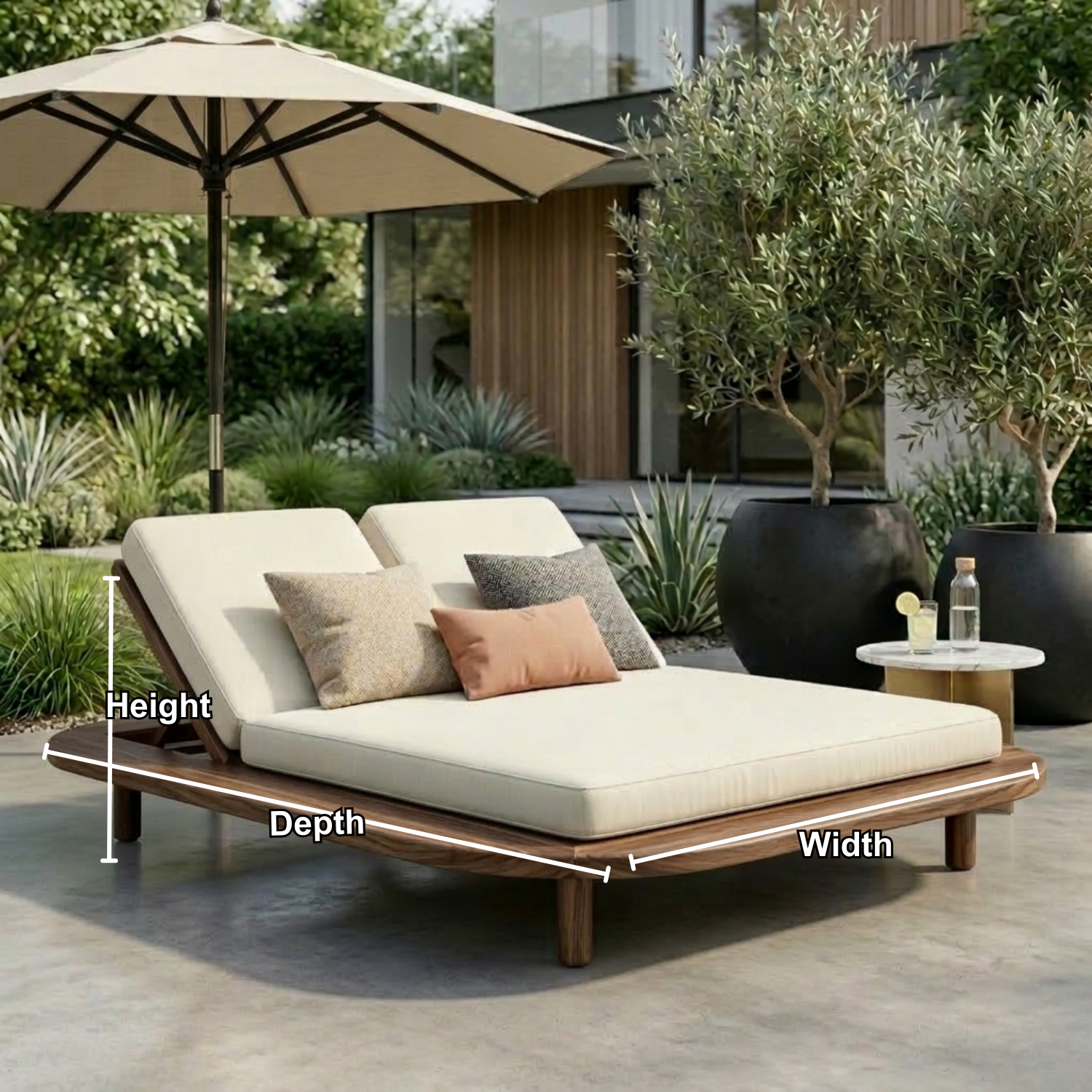 Luxury Solid Wood Double Outdoor Chaise Lounger Frame - Adjustable Resort Daybed