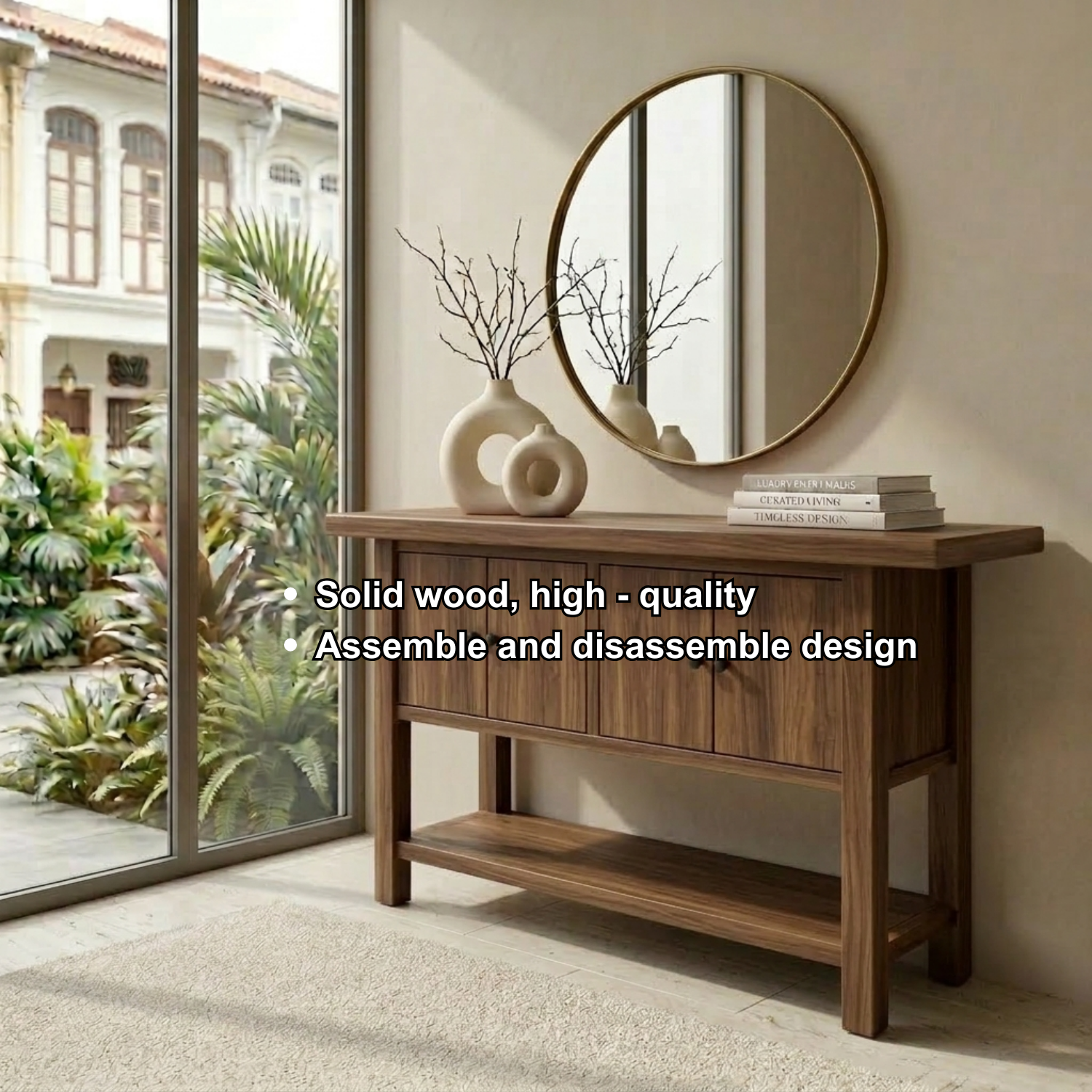 Solid Wood Console Table with Cabinet Doors and Shelf – Rustic Entryway Storage Table