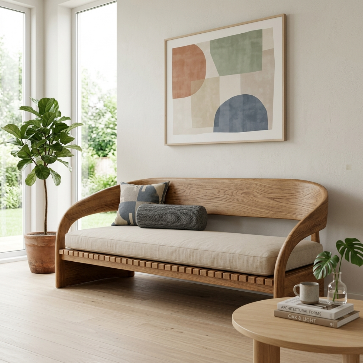 Modern Solid Wood Daybed with Curved Backrest and Upholstered Seat