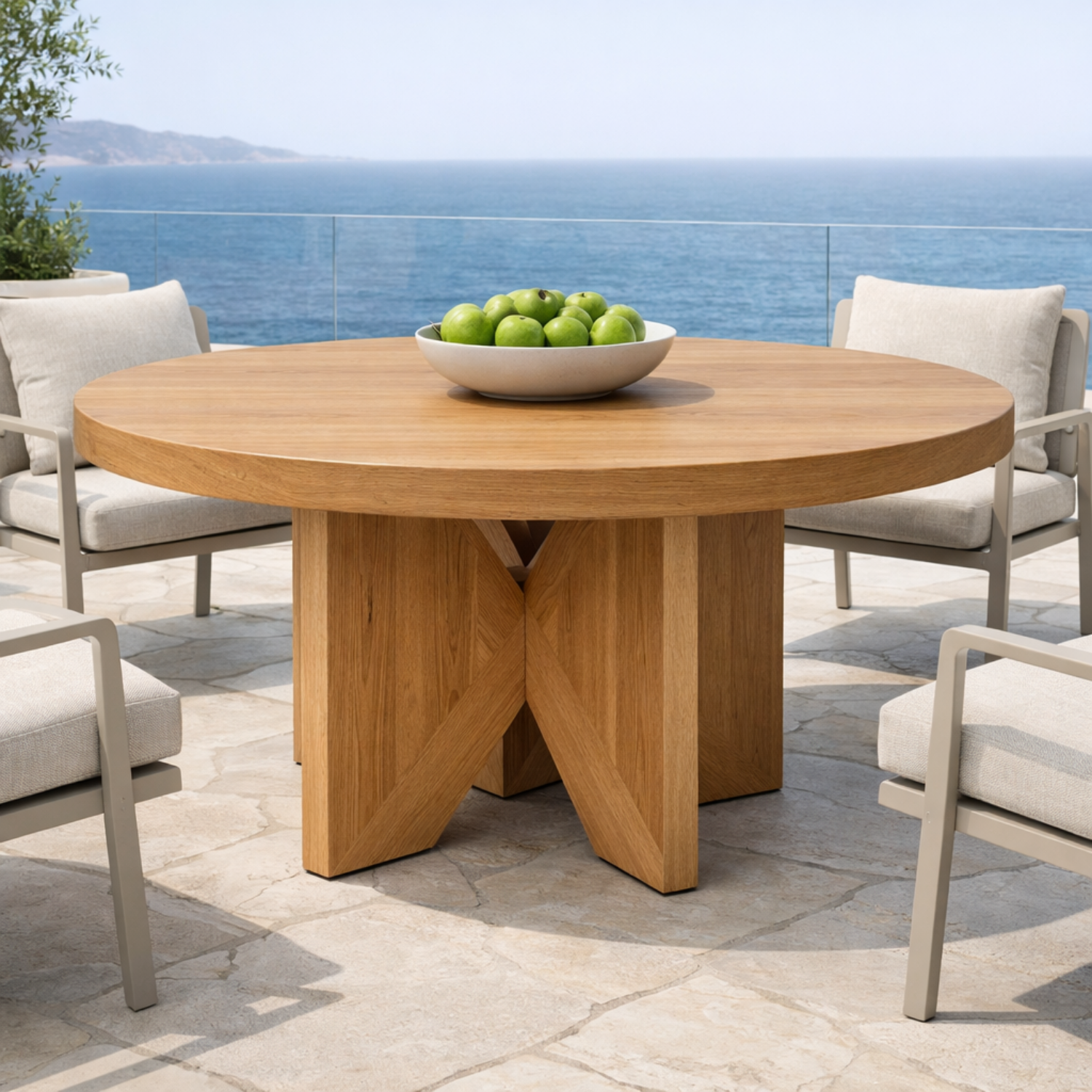 Round Solid Wood Outdoor Dining Table with Bold Cross Pedestal Base