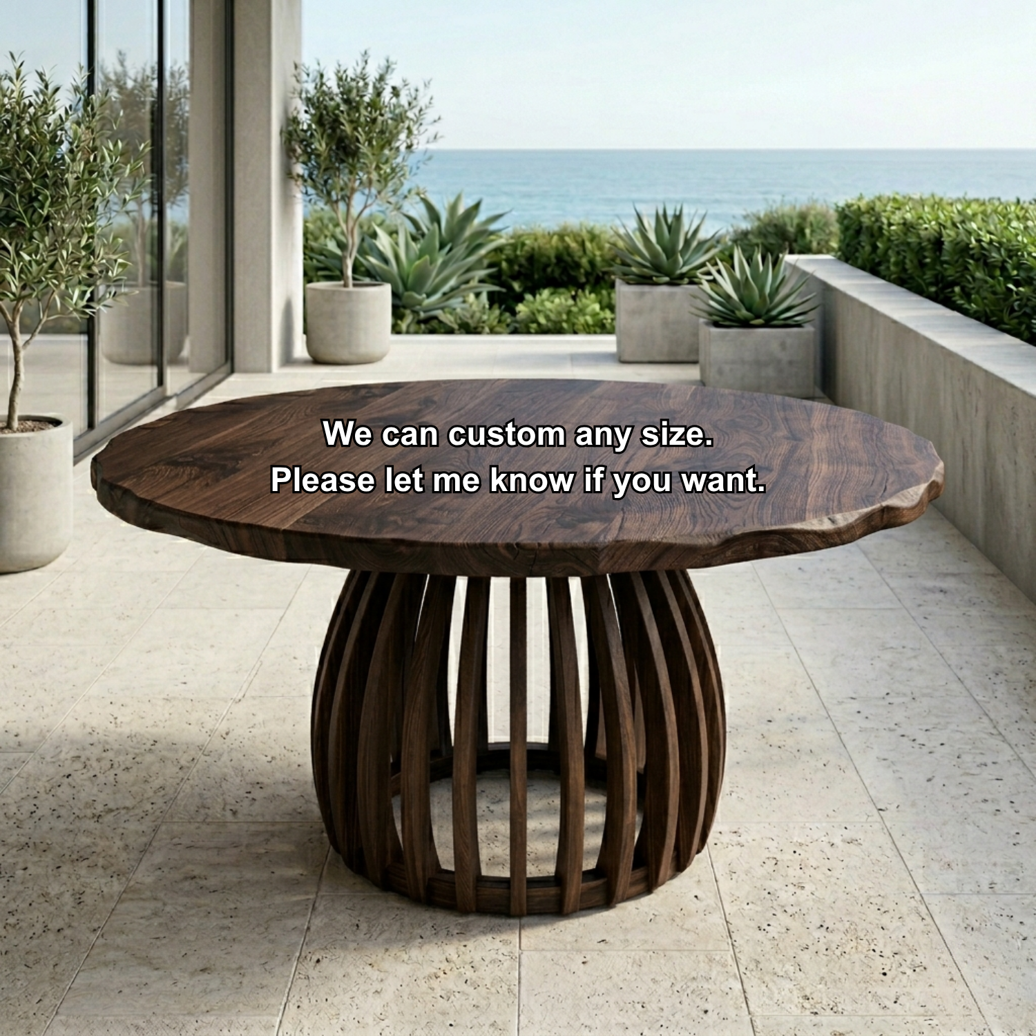 Round Live Edge Solid Wood Outdoor Dining Table with Sculptural Slatted Pedestal Base