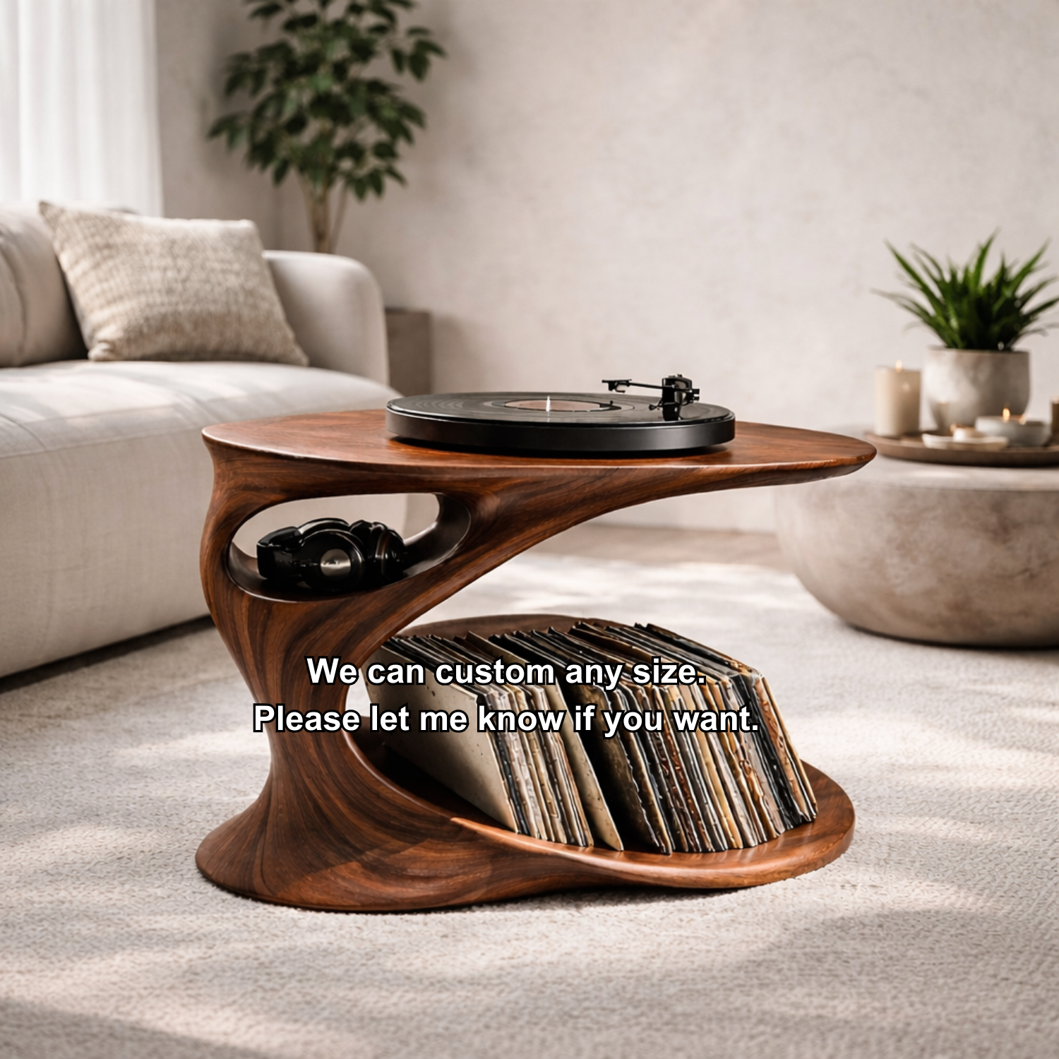 Solid Wood Record Player Stand with Sculptural Curved Base and Vinyl Storage Shelf