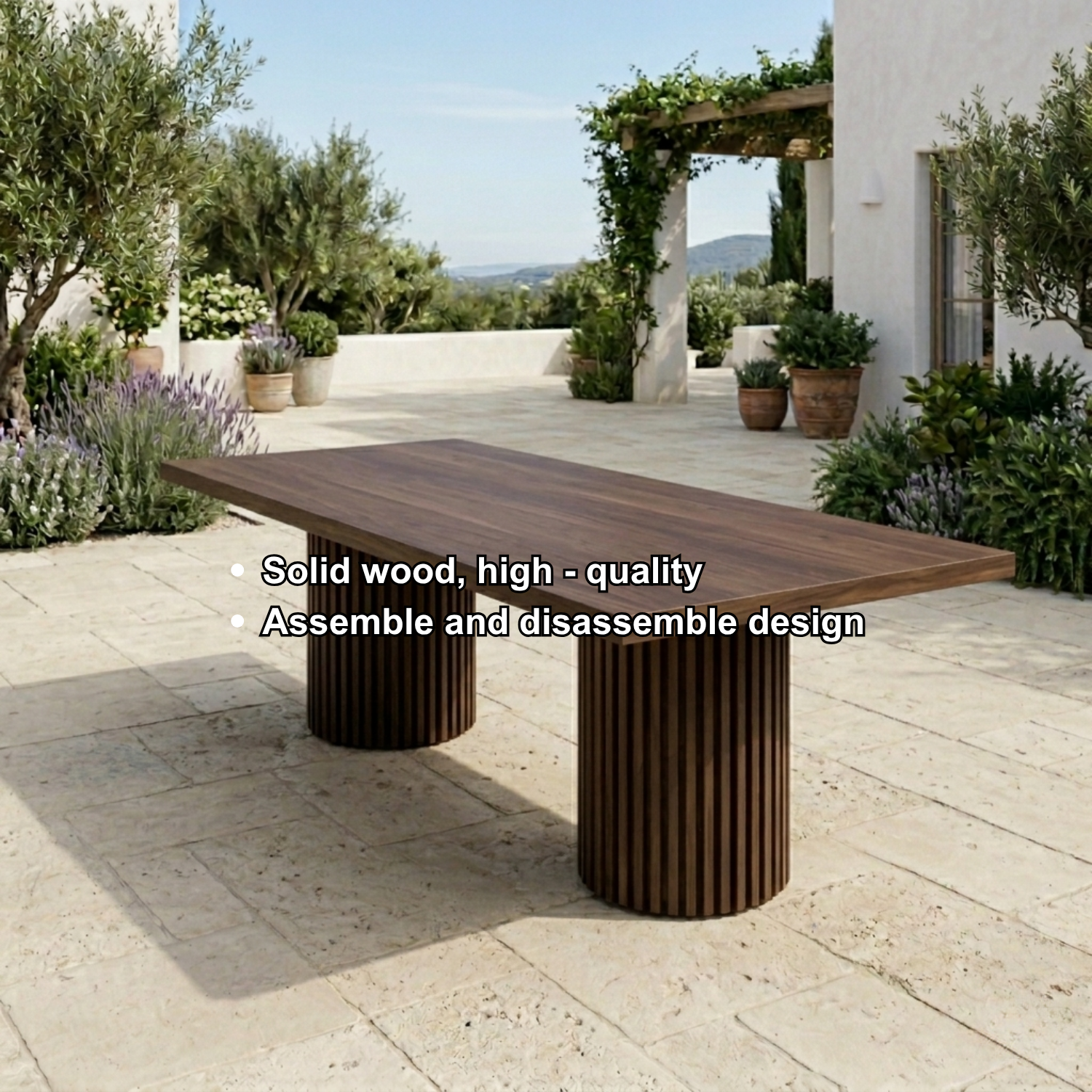 Rectangular Solid Wood Outdoor Dining Table with Fluted Pedestal Base