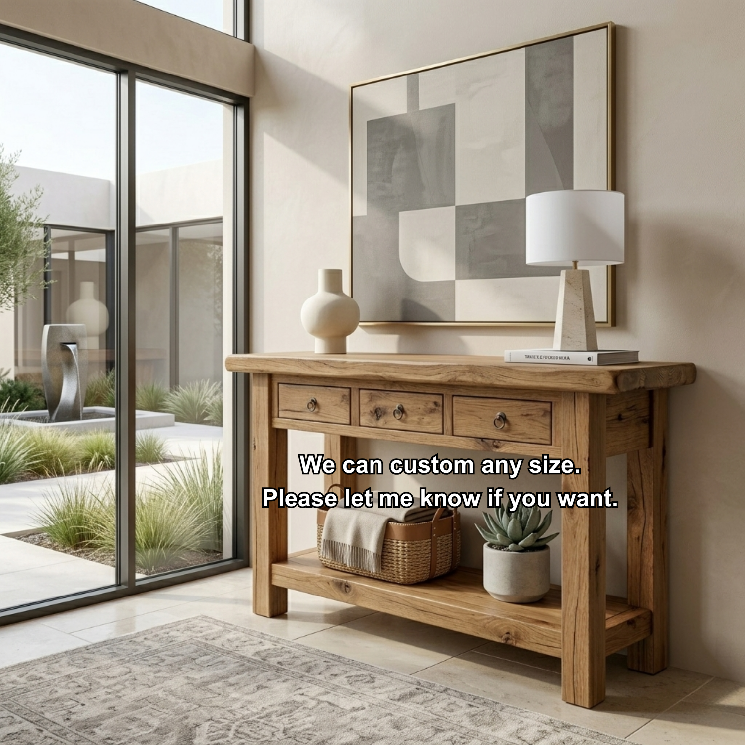 Solid Wood Console Table with Drawers and Shelf – Rustic Farmhouse Entryway Table
