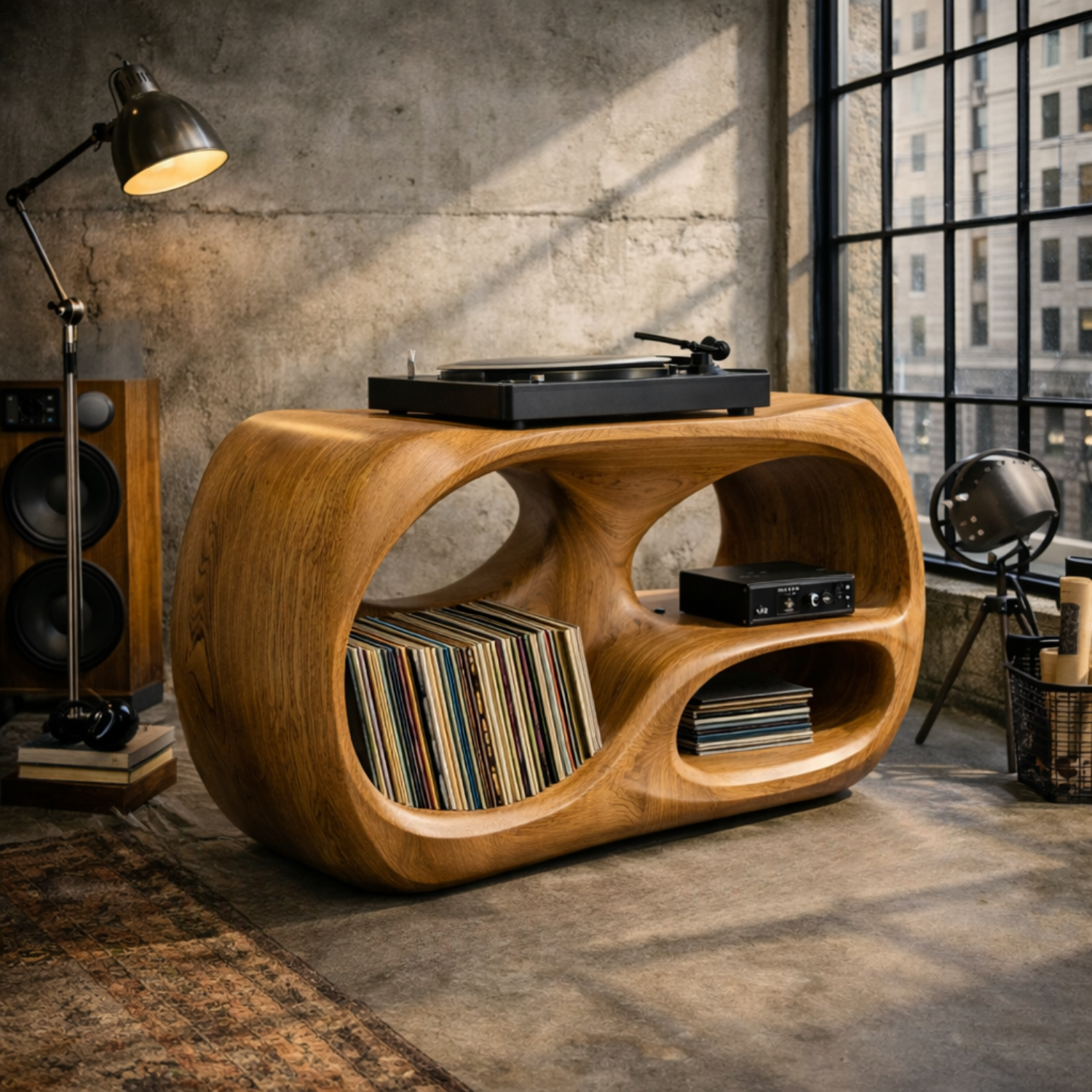 Organic Curve Solid Wood Record Player Stand with Built-In Vinyl Storage