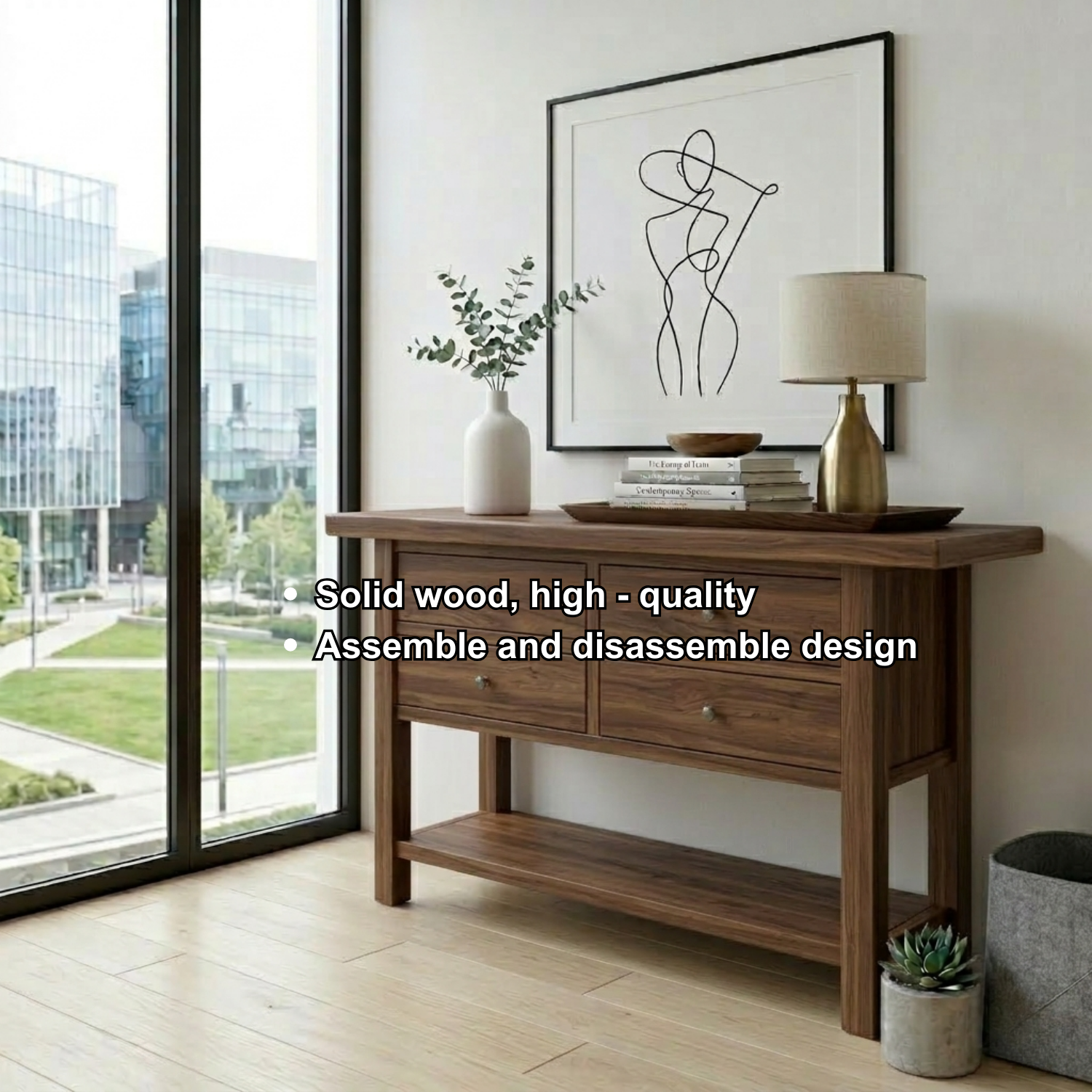 Solid Wood Console Table with 4 Drawers and Shelf – Rustic Entryway Storage Table
