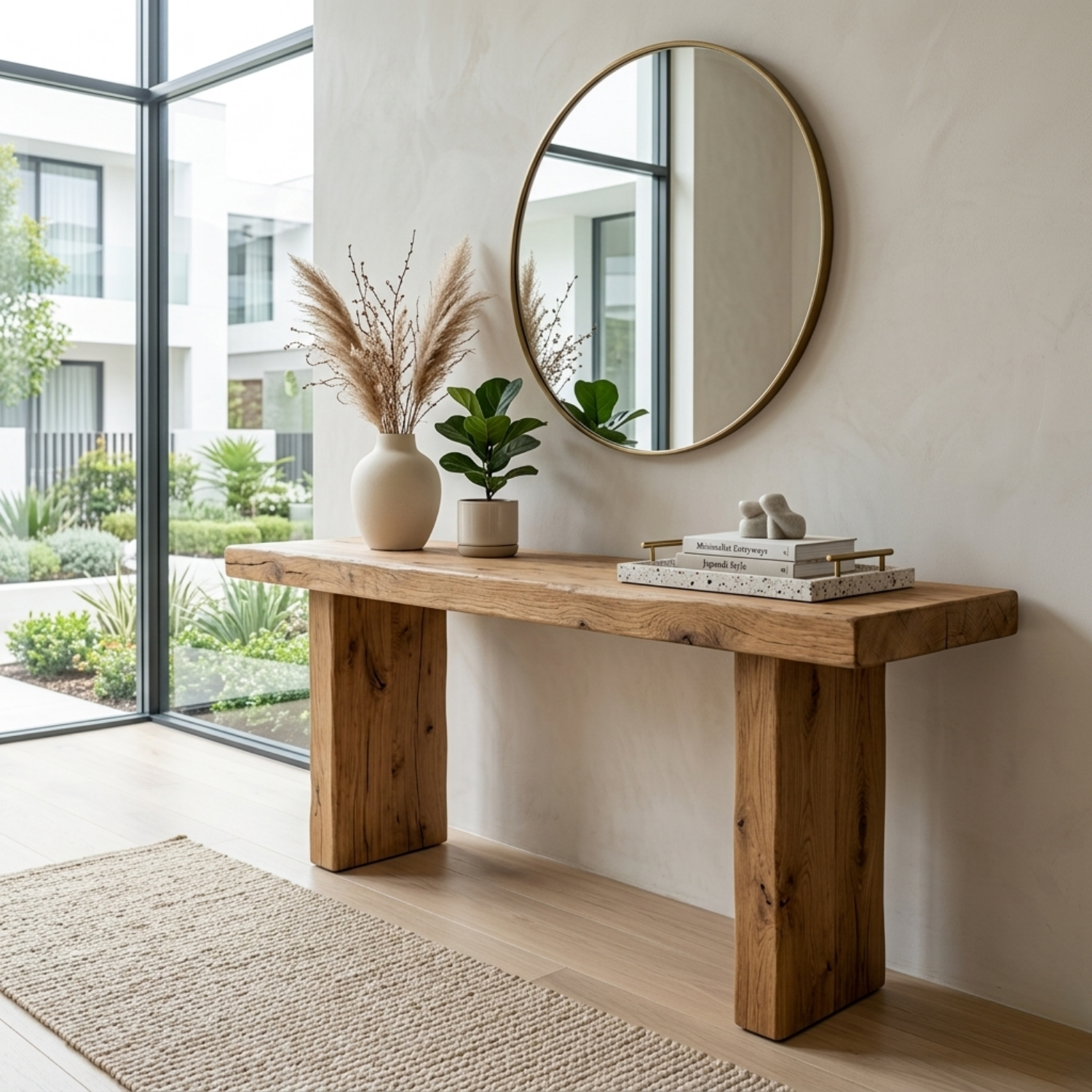 Minimal Solid Wood Console Table with Thick Block Legs – Modern Rustic Entryway Table