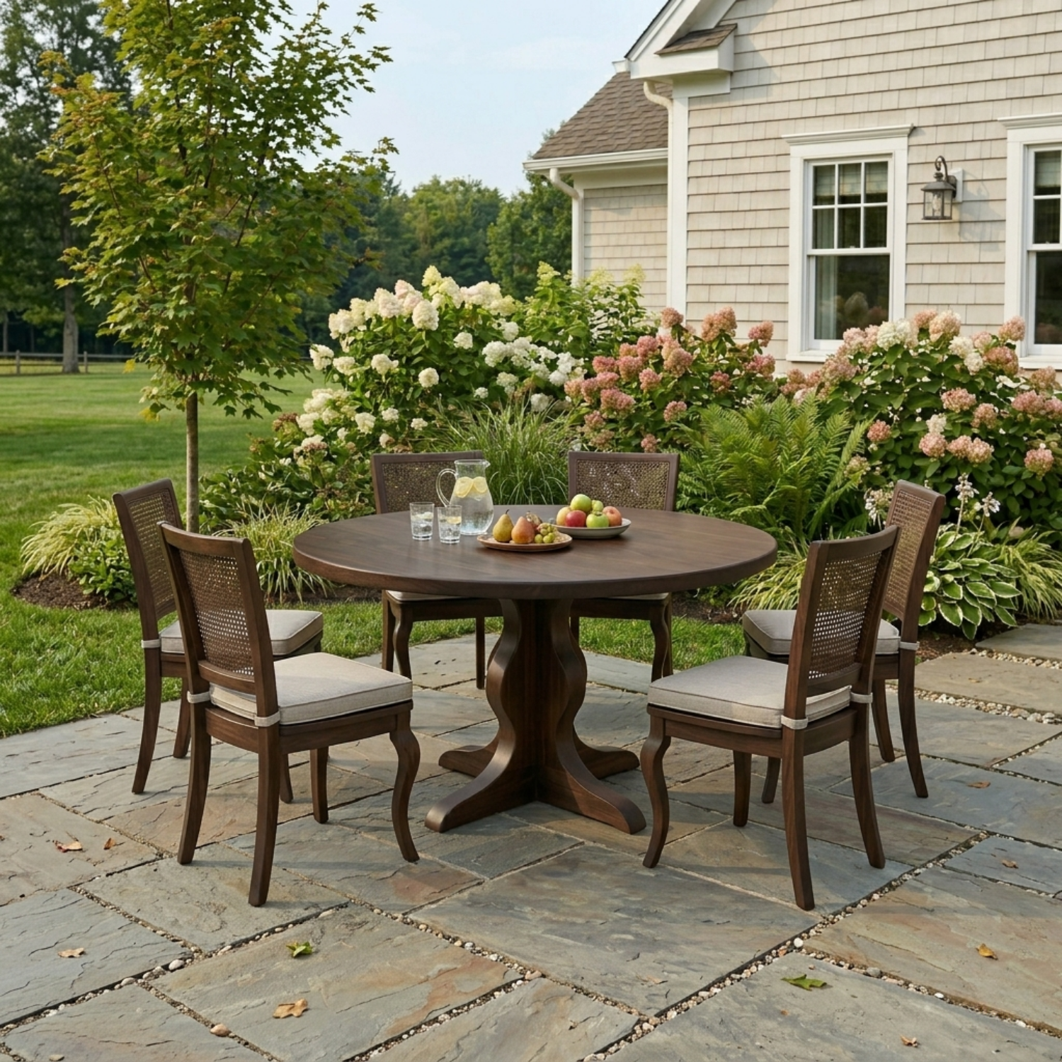 Round Solid Wood Outdoor Dining Table with Sculptural Pedestal Base