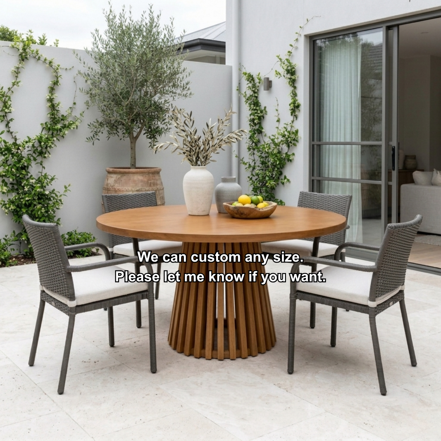 Round Solid Wood Outdoor Dining Table with Slatted Pedestal Base
