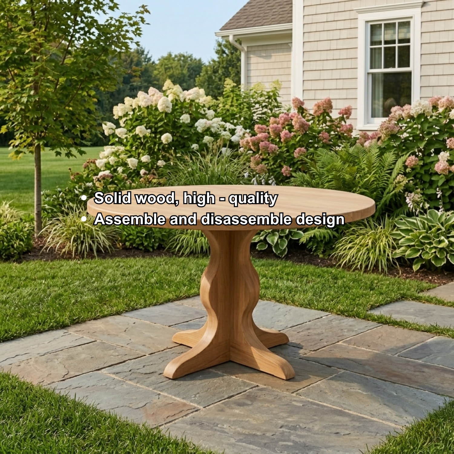Round Solid Wood Outdoor Dining Table with Sculptural Pedestal Base