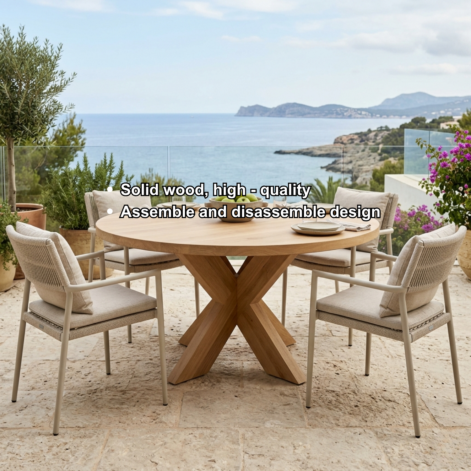 Round Solid Wood Outdoor Dining Table with Sculptural X Pedestal Base