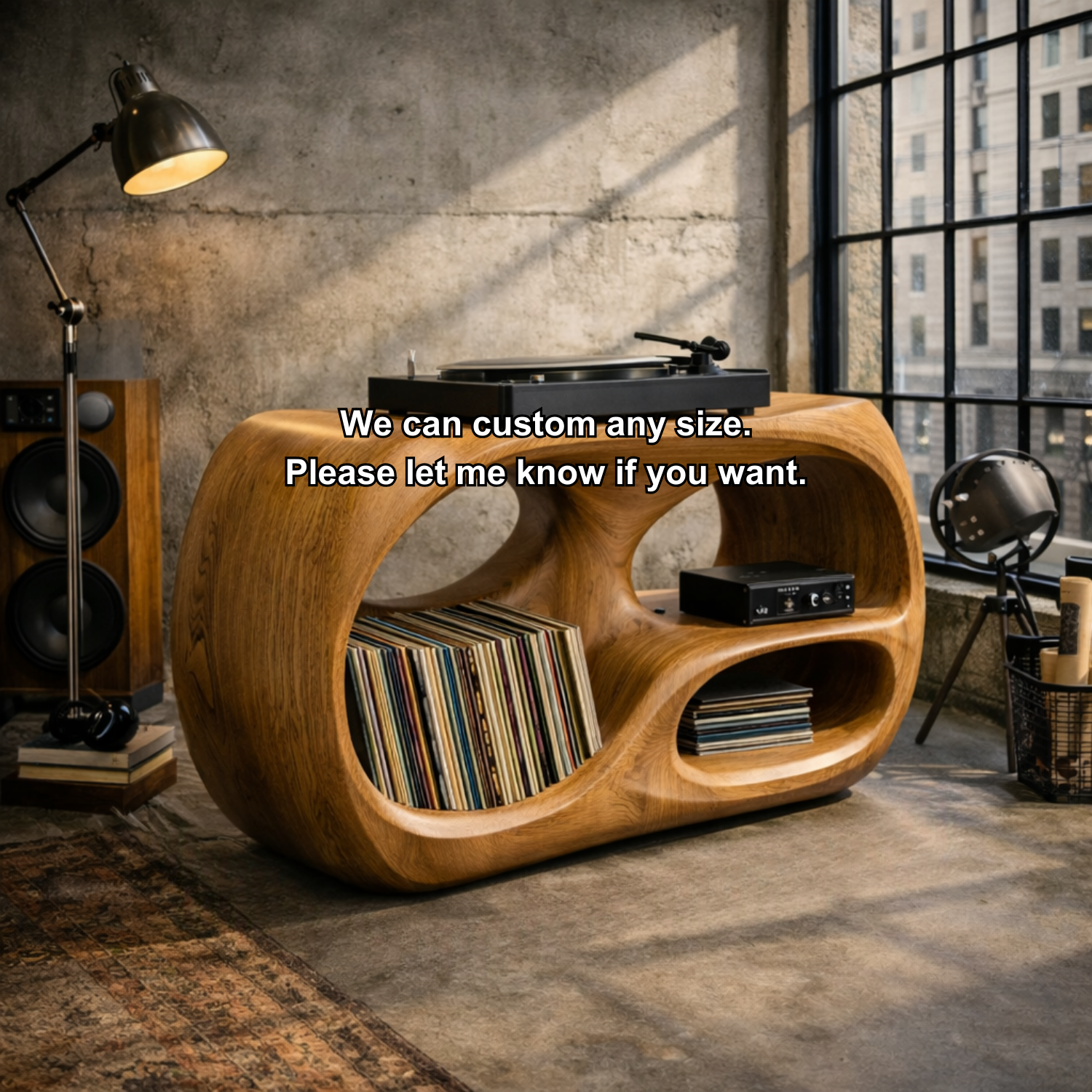 Organic Curve Solid Wood Record Player Stand with Built-In Vinyl Storage