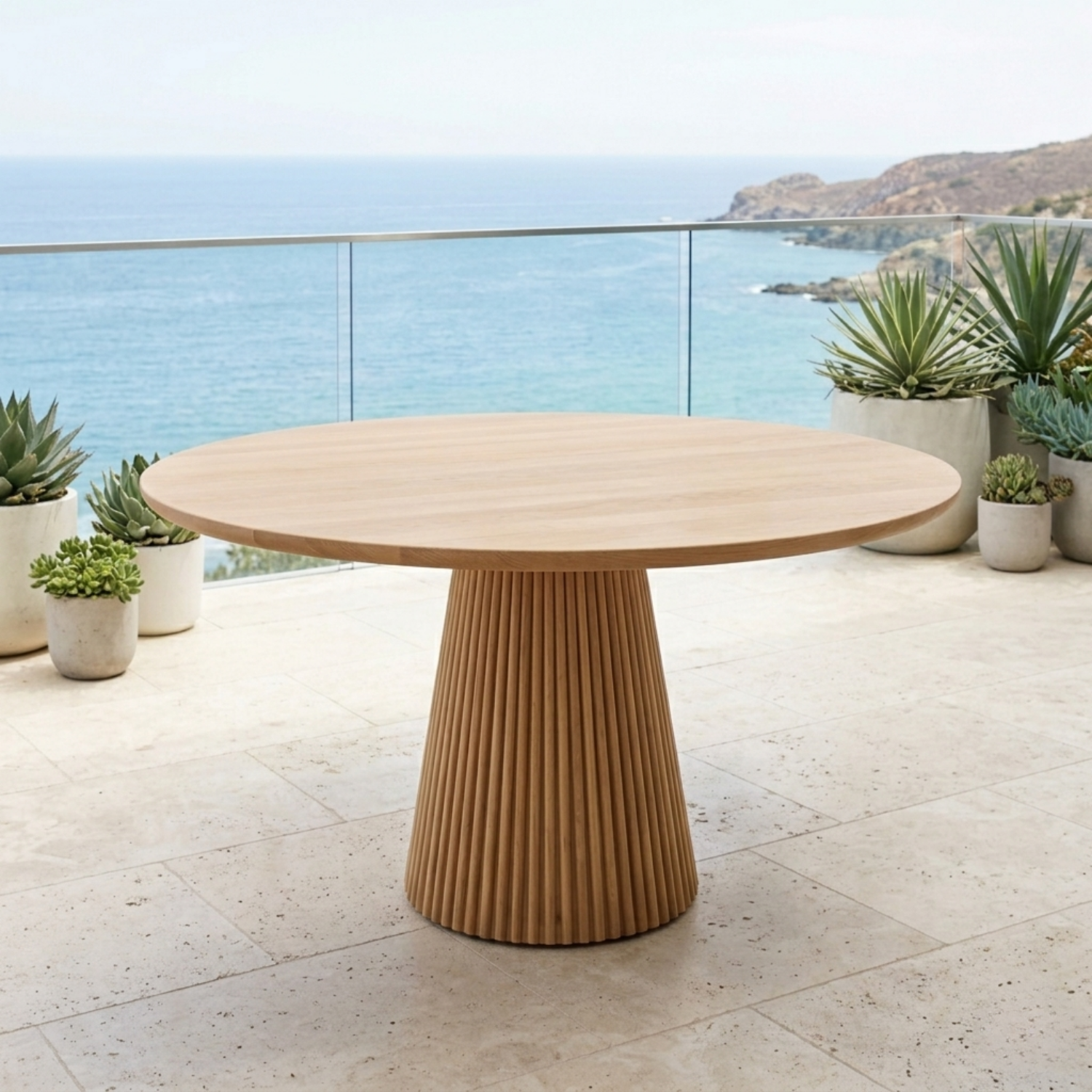 Round Solid Wood Outdoor Dining Table with Fluted Pedestal Base