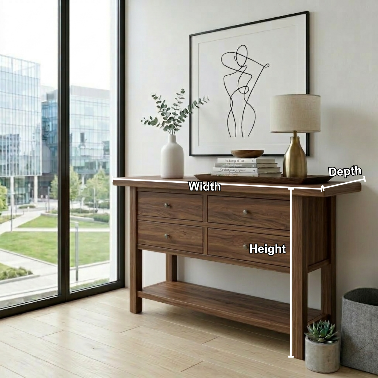 Solid Wood Console Table with 4 Drawers and Shelf – Rustic Entryway Storage Table