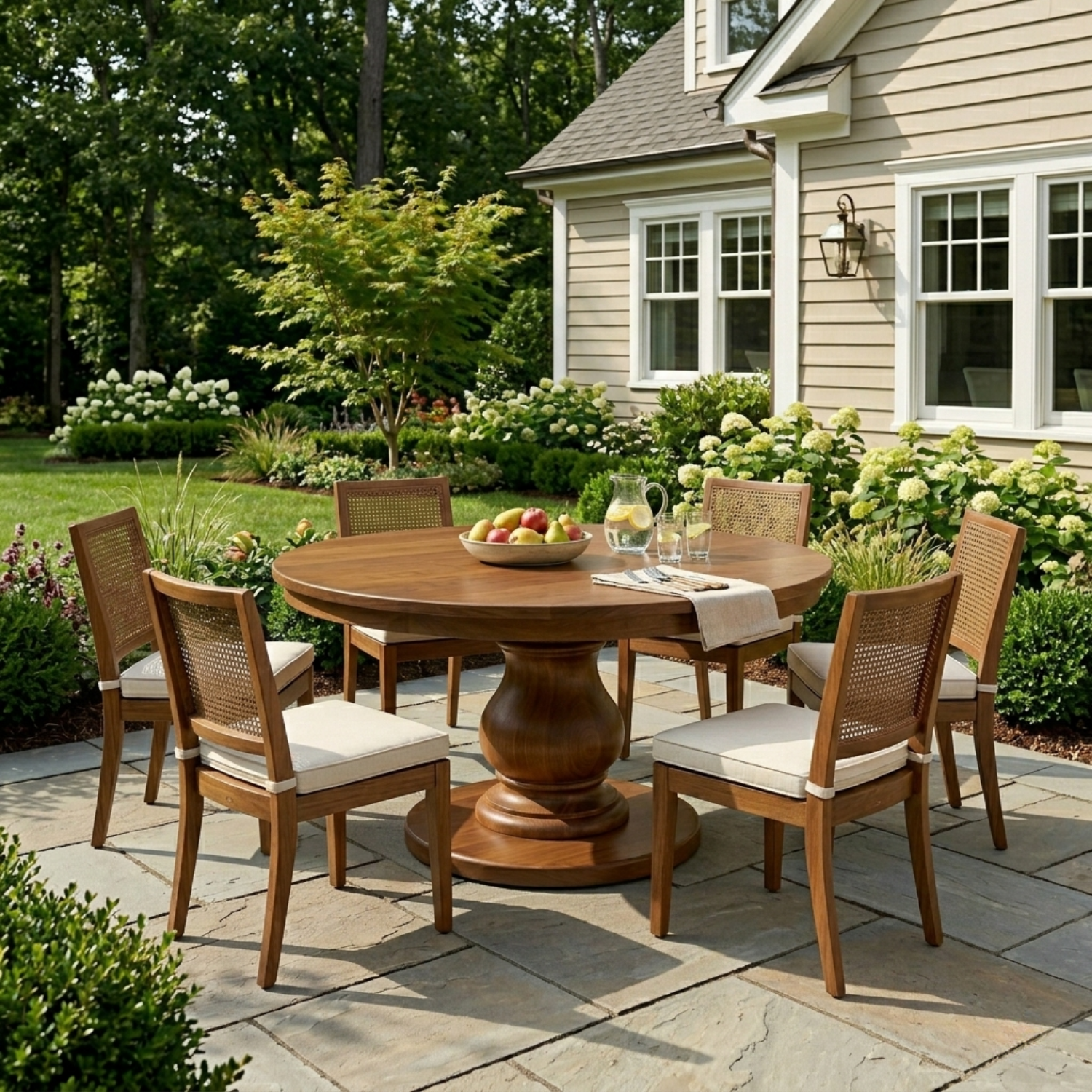 Round Solid Wood Outdoor Dining Table with Classic Turned Pedestal Base