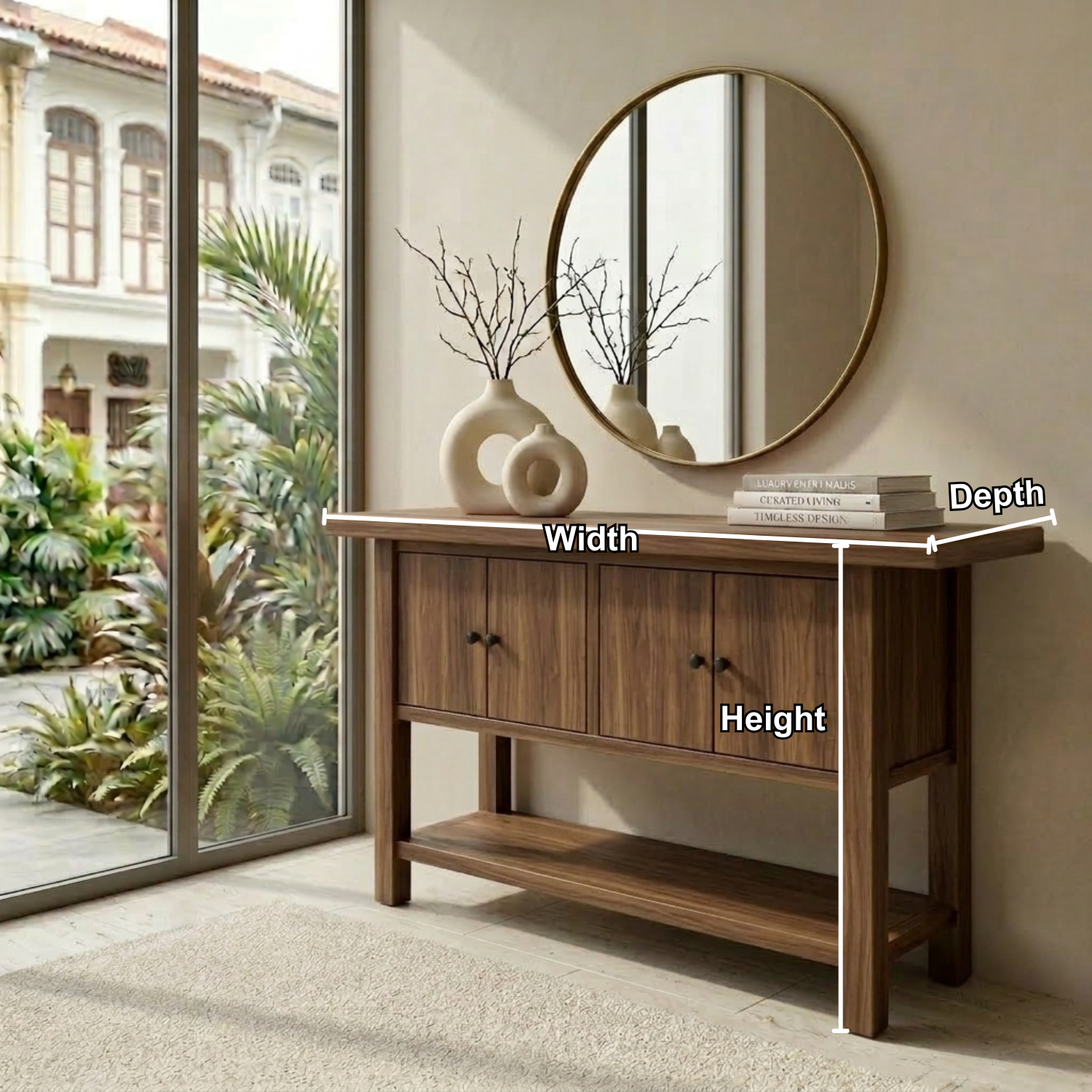 Solid Wood Console Table with Cabinet Doors and Shelf – Rustic Entryway Storage Table