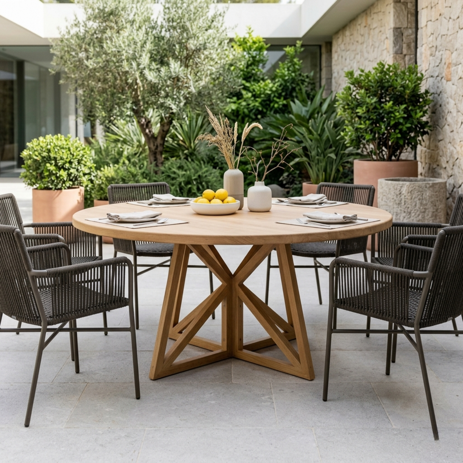 Round Solid Wood Outdoor Dining Table with Geometric Cross Pedestal Base