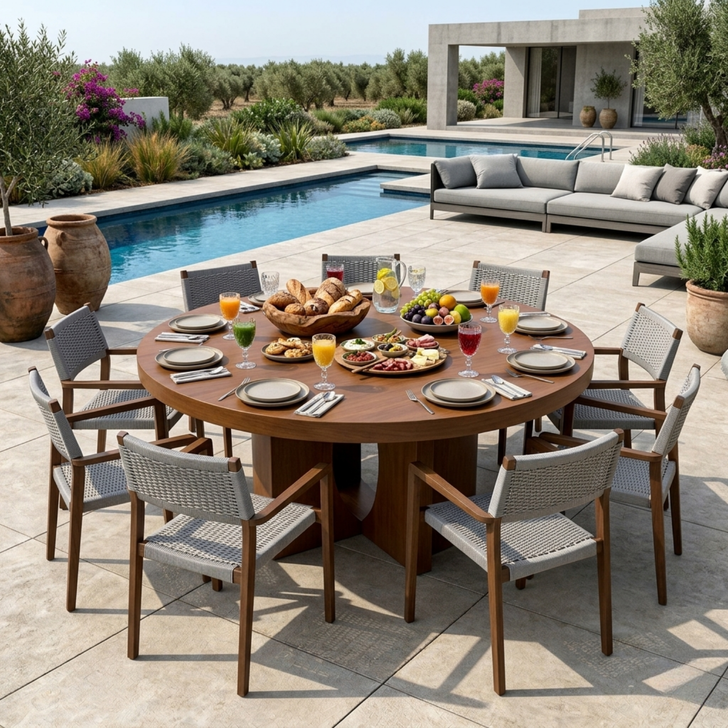 Round Solid Wood Outdoor Dining Table with Sculptural Dual Pedestal Base