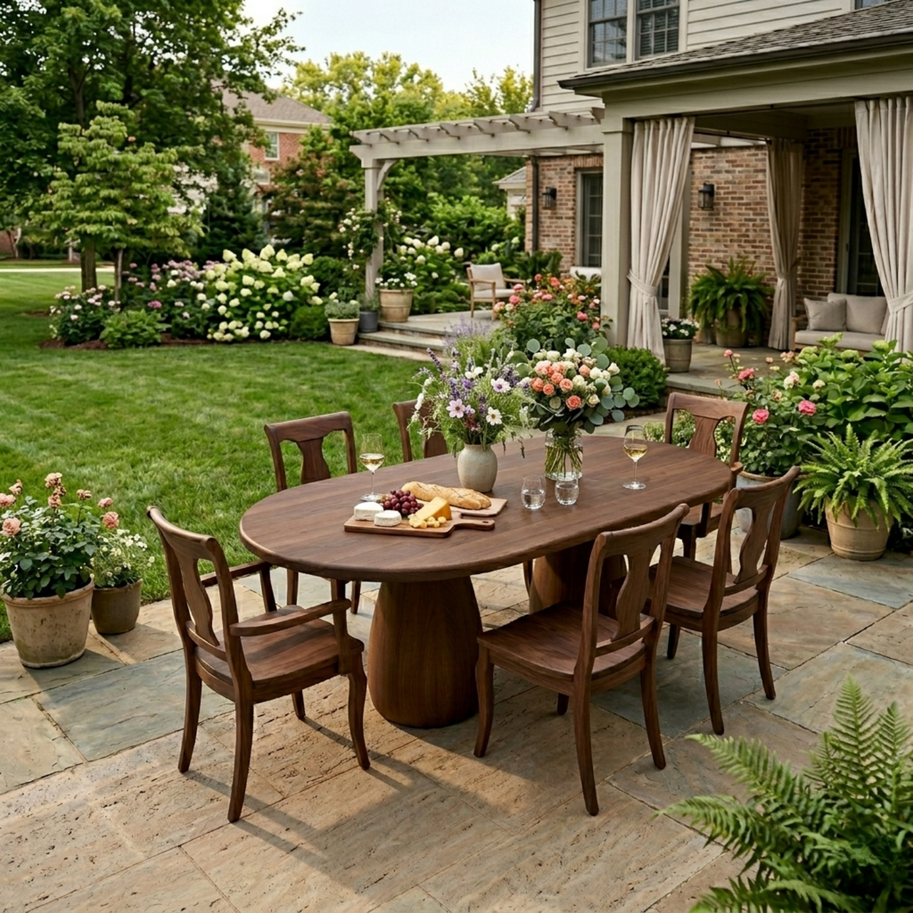 Oval Solid Wood Outdoor Dining Table with Double Rounded Form Base
