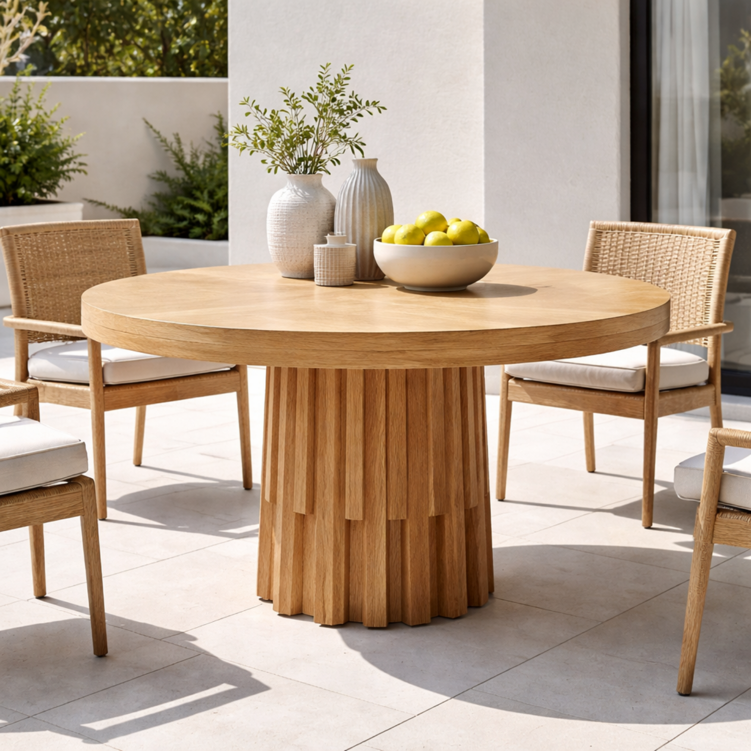 Round Solid Wood Outdoor Dining Table with Fluted Sculptural Pedestal Base