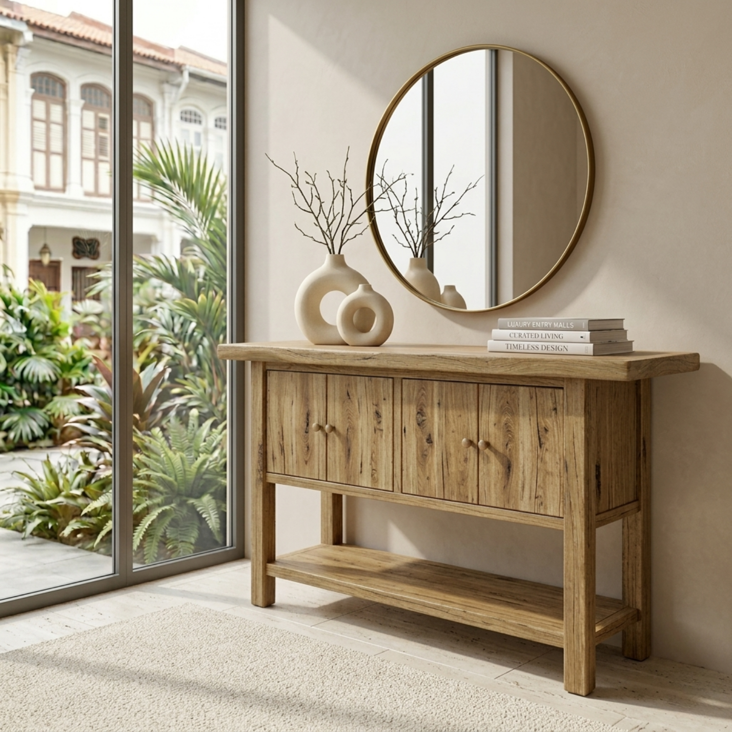 Solid Wood Console Table with Cabinet Doors and Shelf – Rustic Entryway Storage Table
