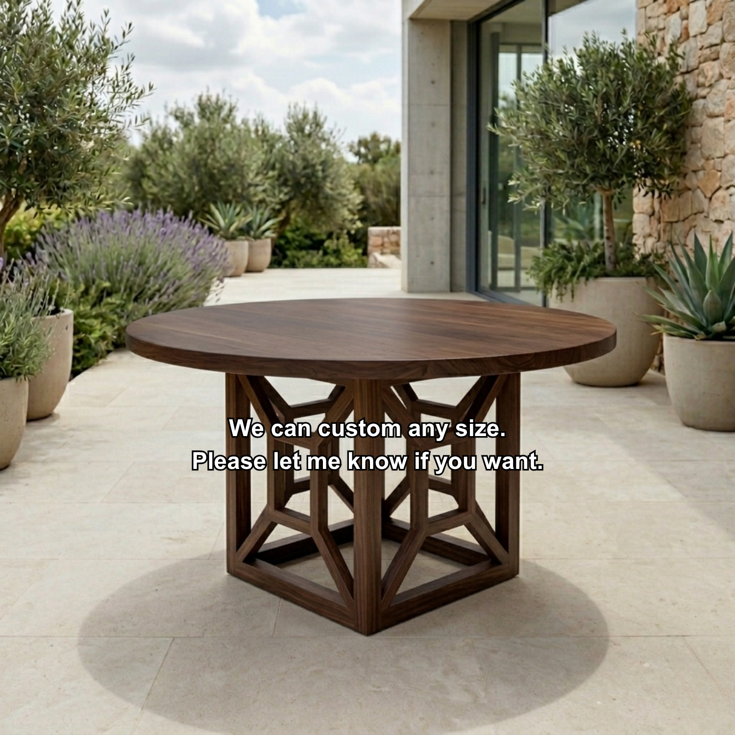 Round Solid Wood Outdoor Dining Table with Geometric Architectural Pedestal Base