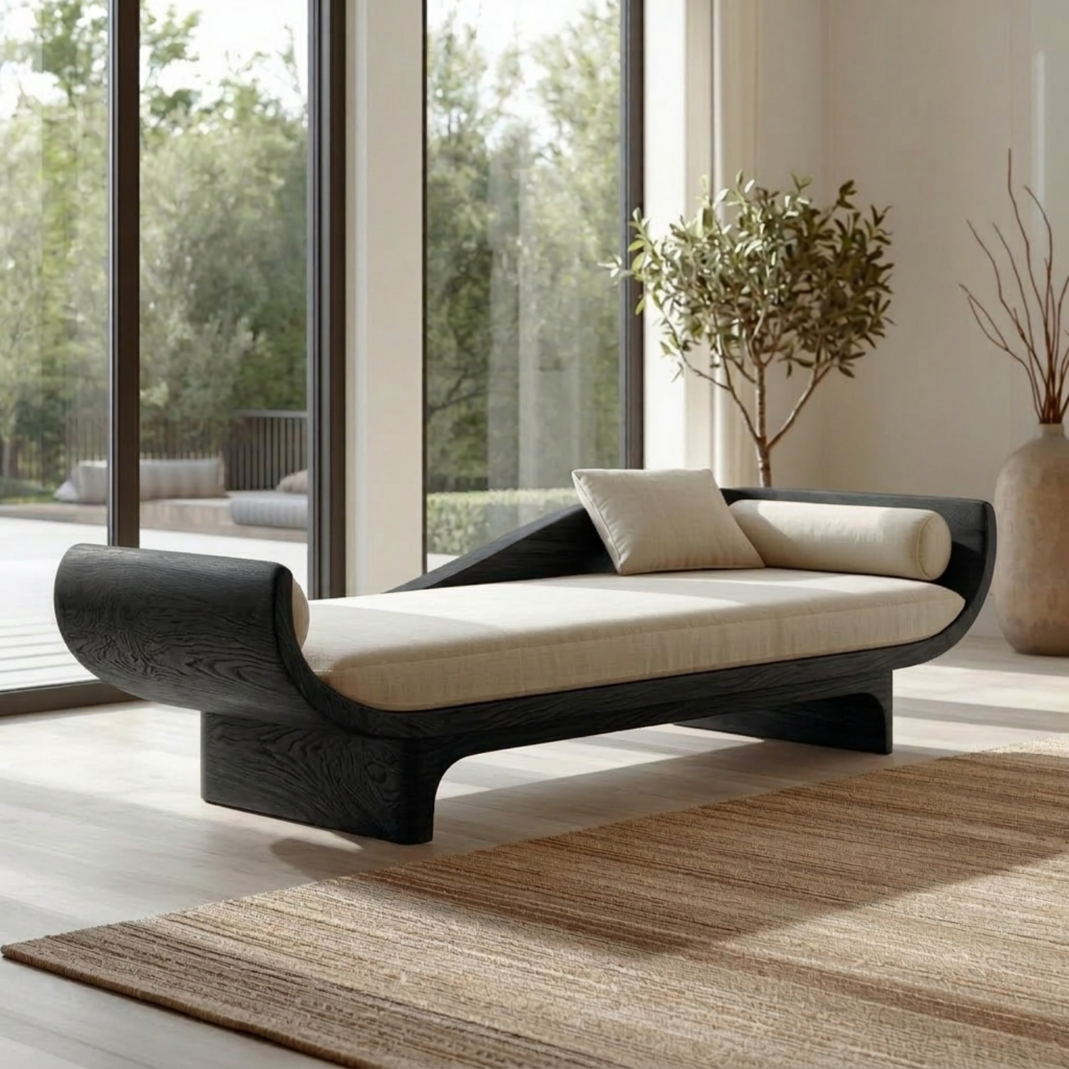 Sculptural Solid Wood Daybed with Curved Ends and Platform Base – Modern Lounge Chaise
