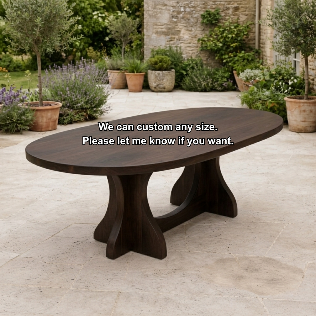 Oval Solid Wood Outdoor Dining Table with Curved Double Pedestal Base