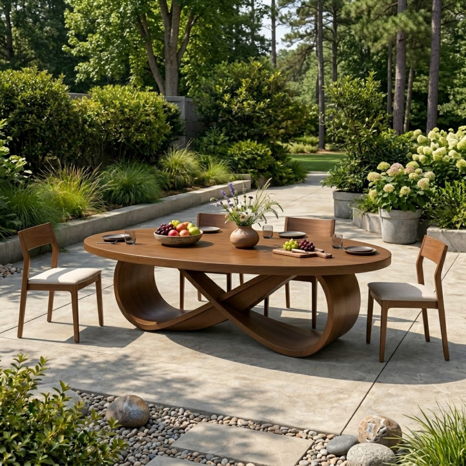Solid Wood Outdoor Dining Table Oval Top with Sculptural Curved Loop Base