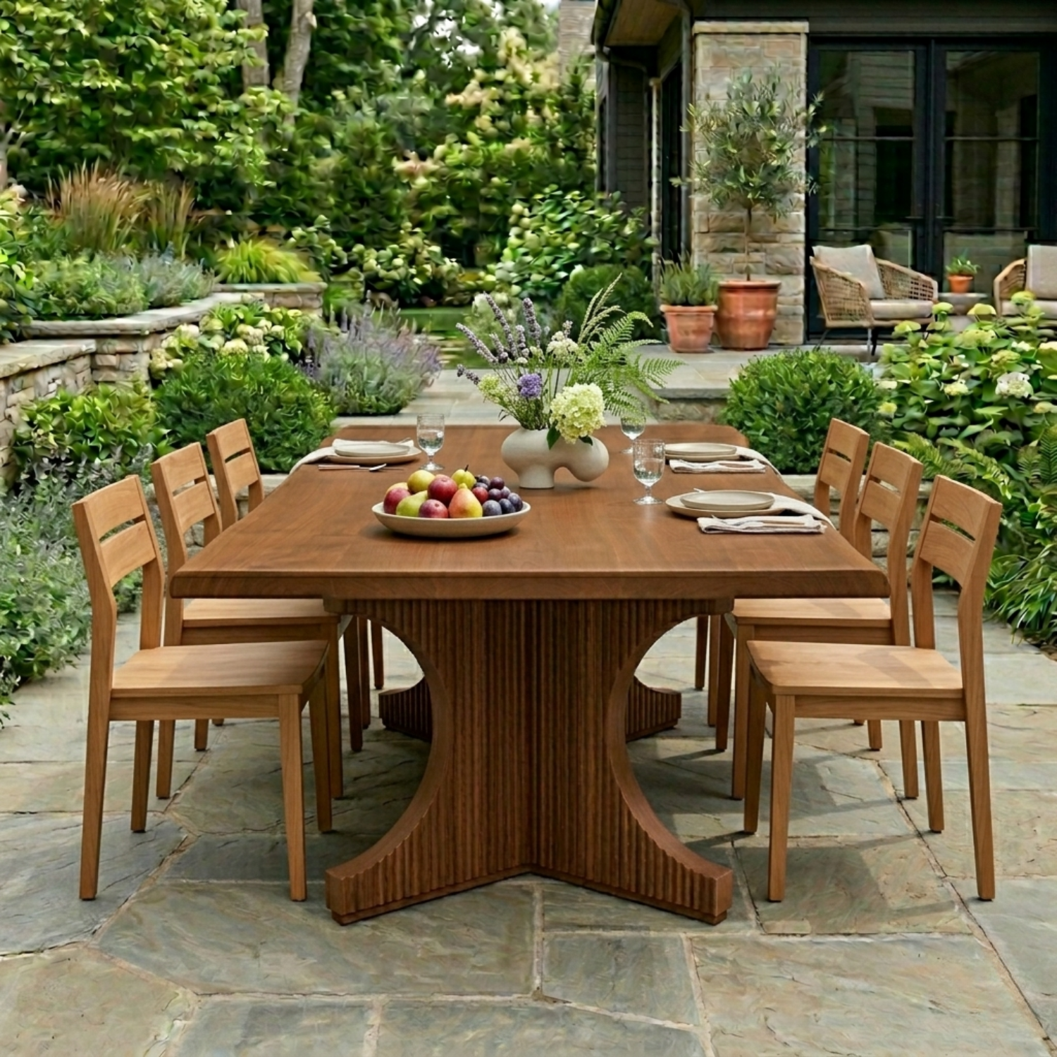 Solid Wood Outdoor Dining Table Square Top with Fluted Cross Pedestal Base