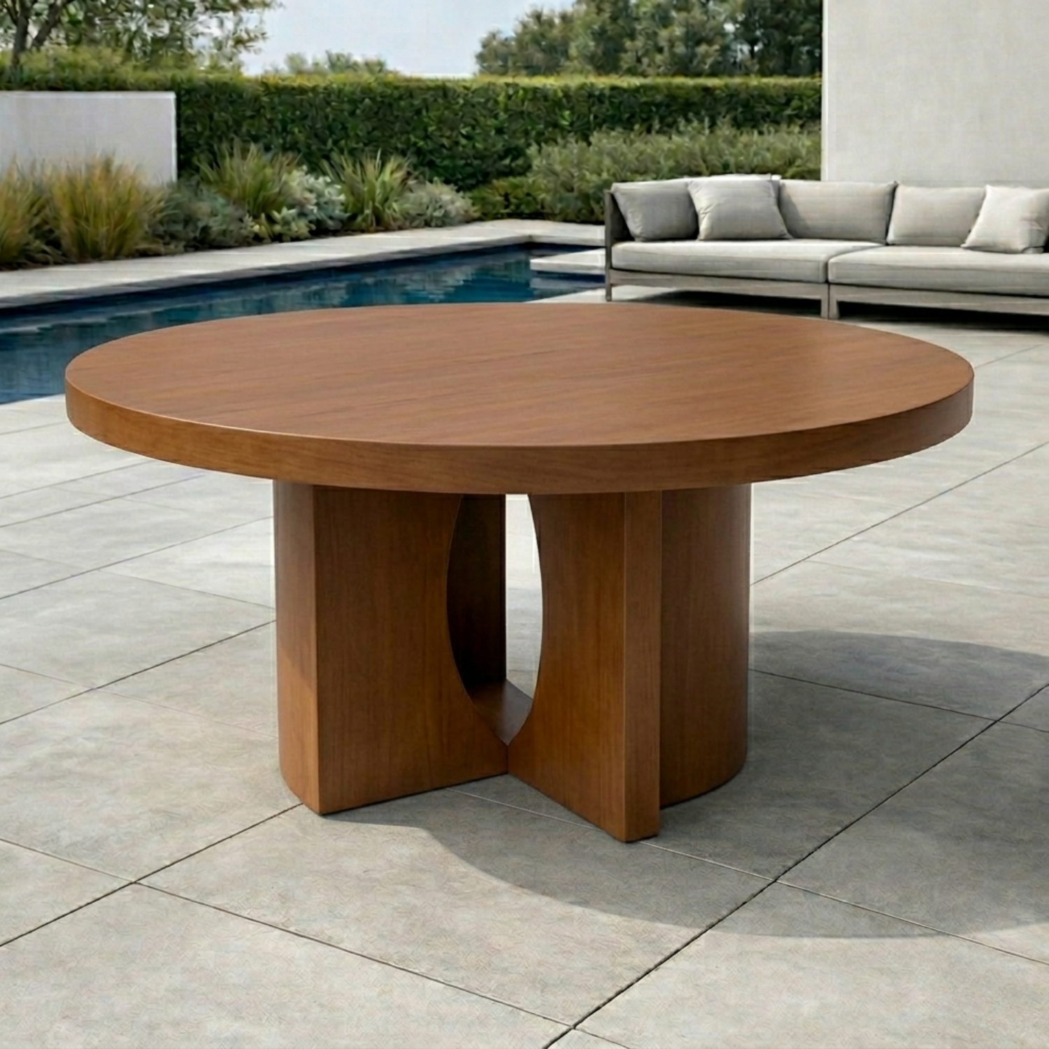 Round Solid Wood Outdoor Dining Table with Sculptural Dual Pedestal Base