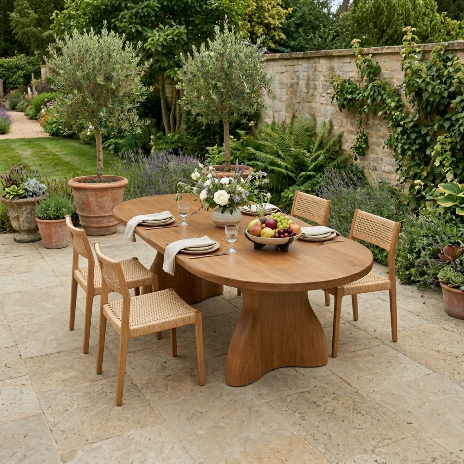 Solid Wood Outdoor Dining Table Oval Top with Organic Sculptural Pedestal Base