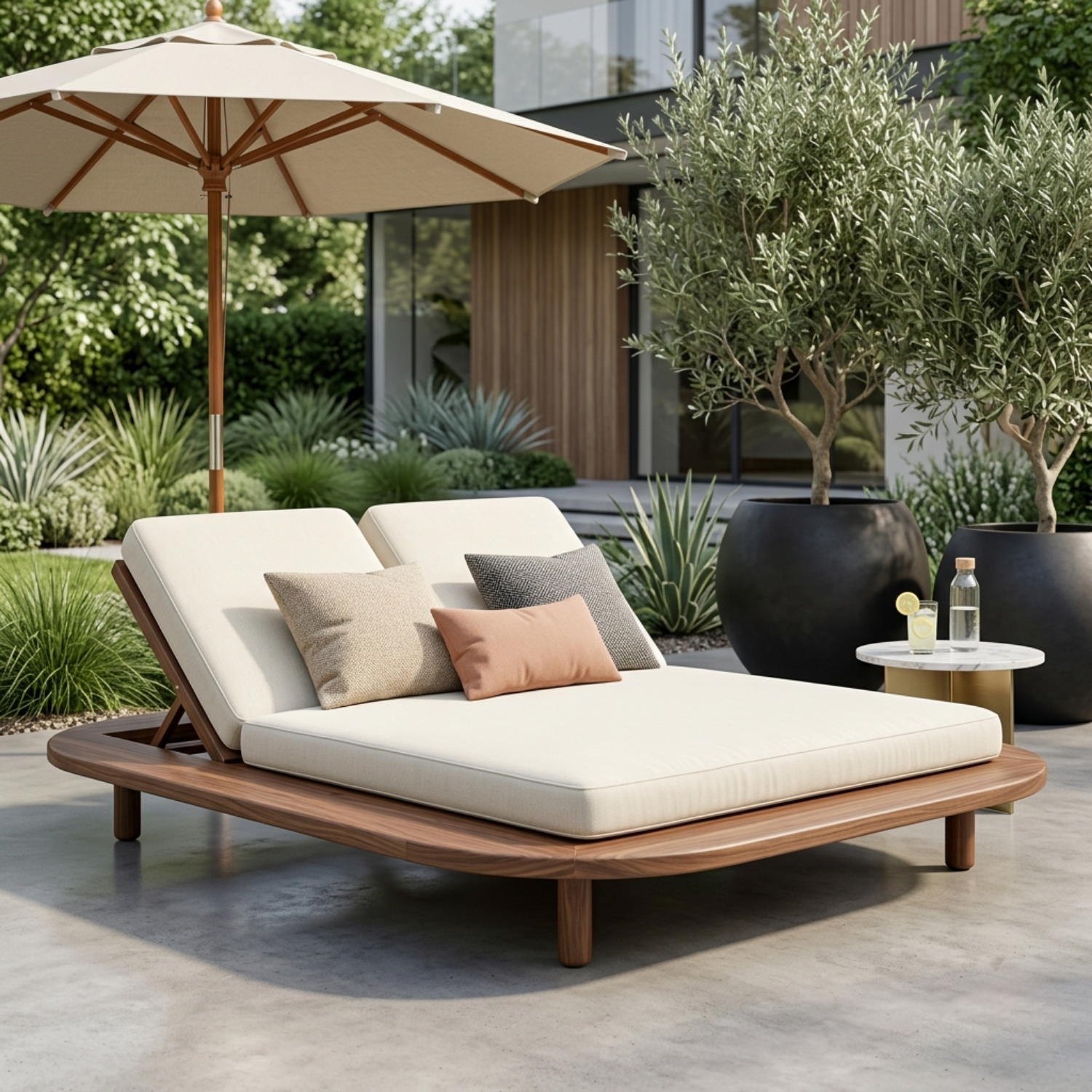 Luxury Solid Wood Double Outdoor Chaise Lounger Frame - Adjustable Resort Daybed