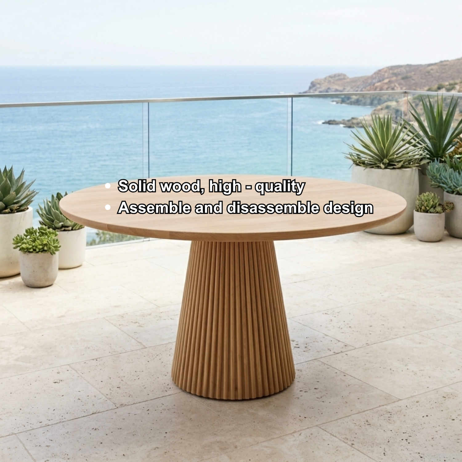 Round Solid Wood Outdoor Dining Table with Fluted Pedestal Base