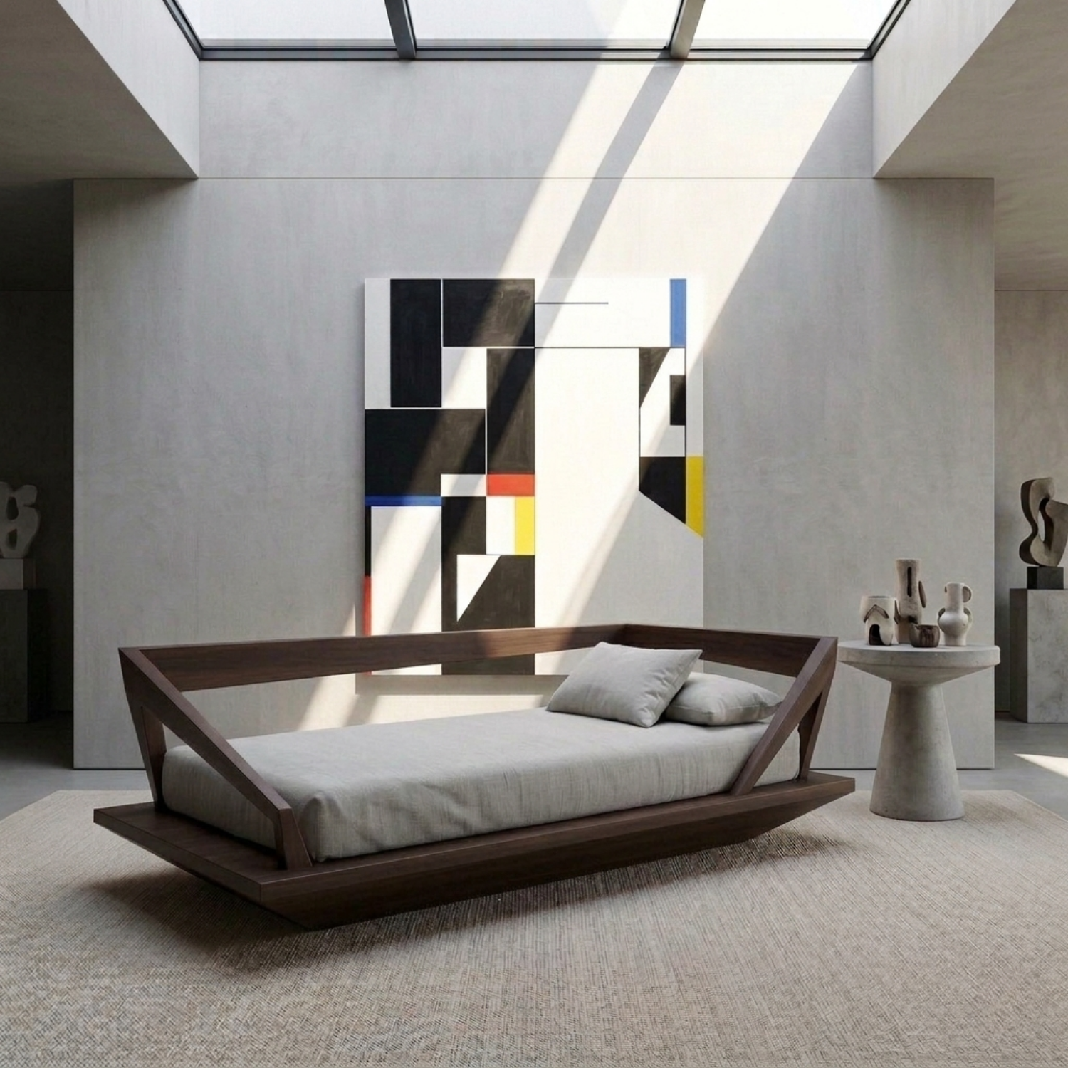 Solid Wood Daybed Frame with Geometric Side Rails – Modern Minimalist Lounge Bed