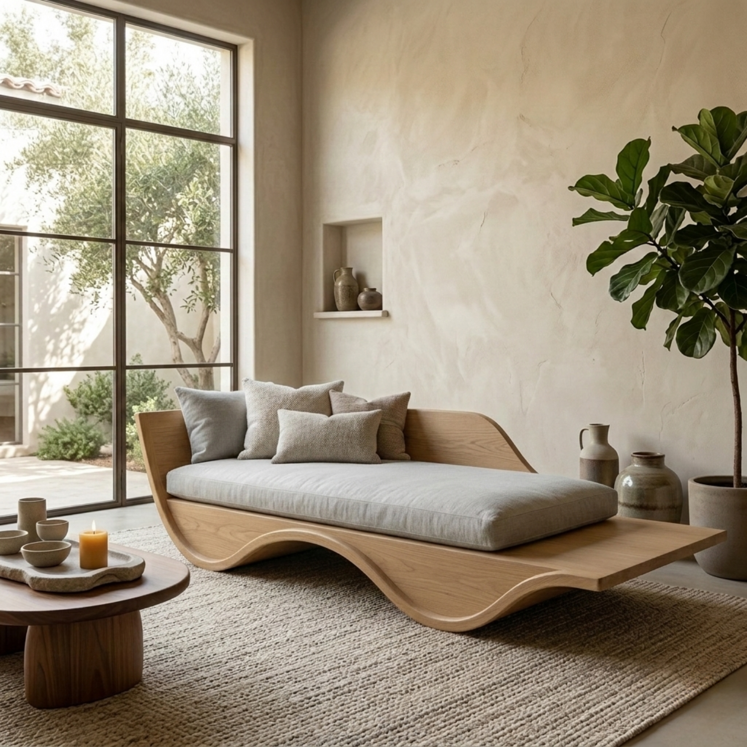 Solid Wood Curved Daybed Frame – Modern Minimalist Wave Design Lounge Bed