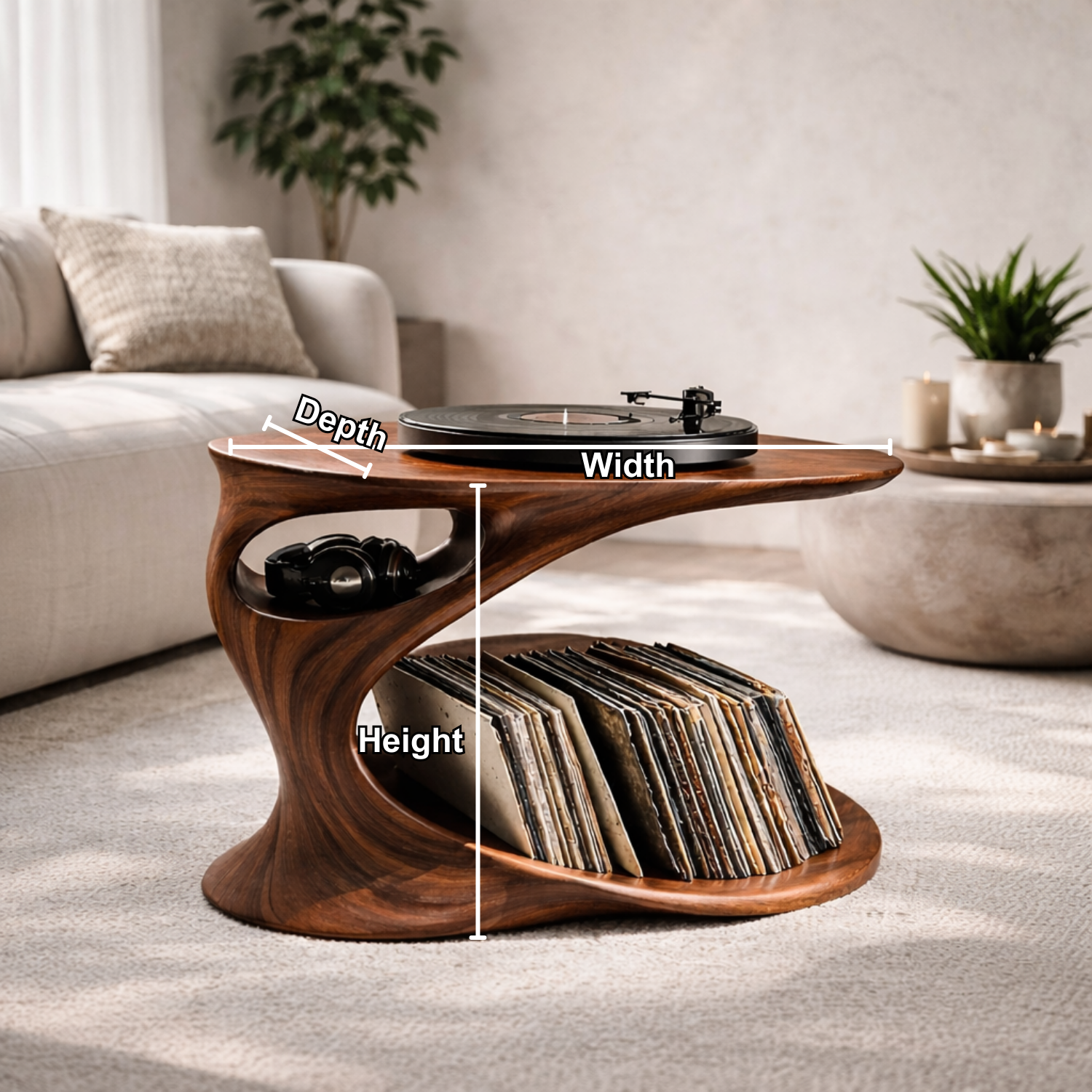 Solid Wood Record Player Stand with Sculptural Curved Base and Vinyl Storage Shelf