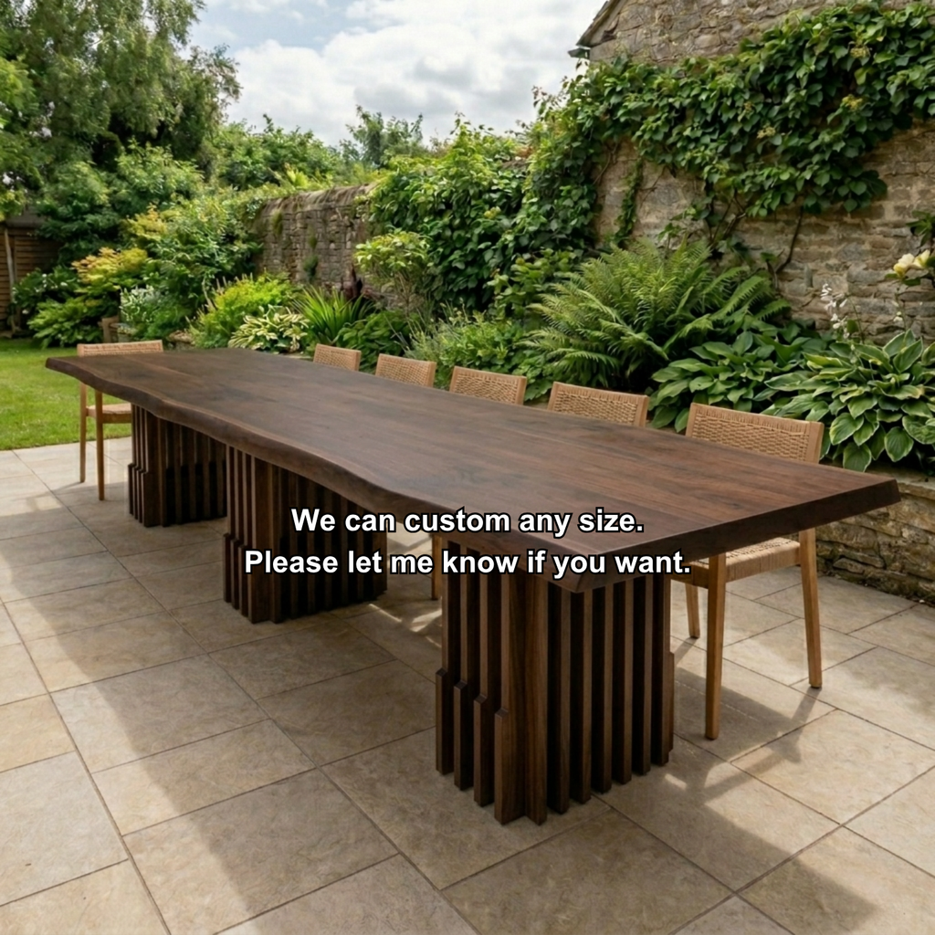 Solid Wood Outdoor Dining Table Live Edge Top with Fluted Multi-Pedestal Base
