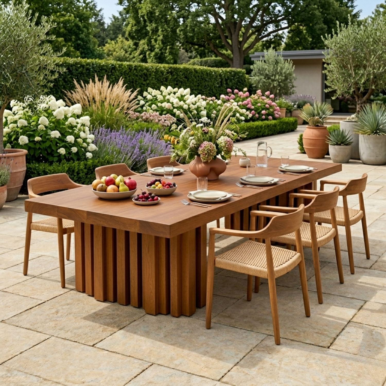 Solid Wood Outdoor Dining Table Rectangular Top with Fluted Pedestal Base