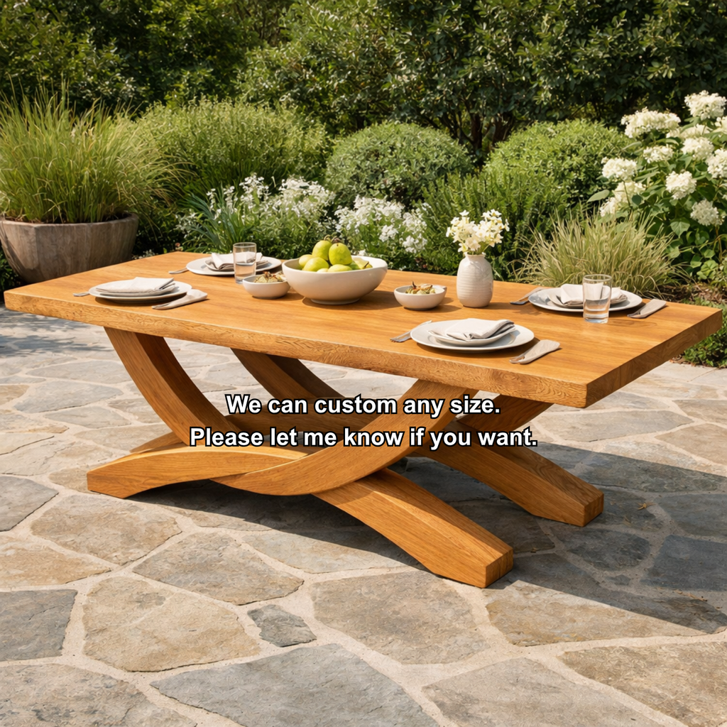 Solid Wood Outdoor Dining Table Rectangular Top with Sculptural Cross Base